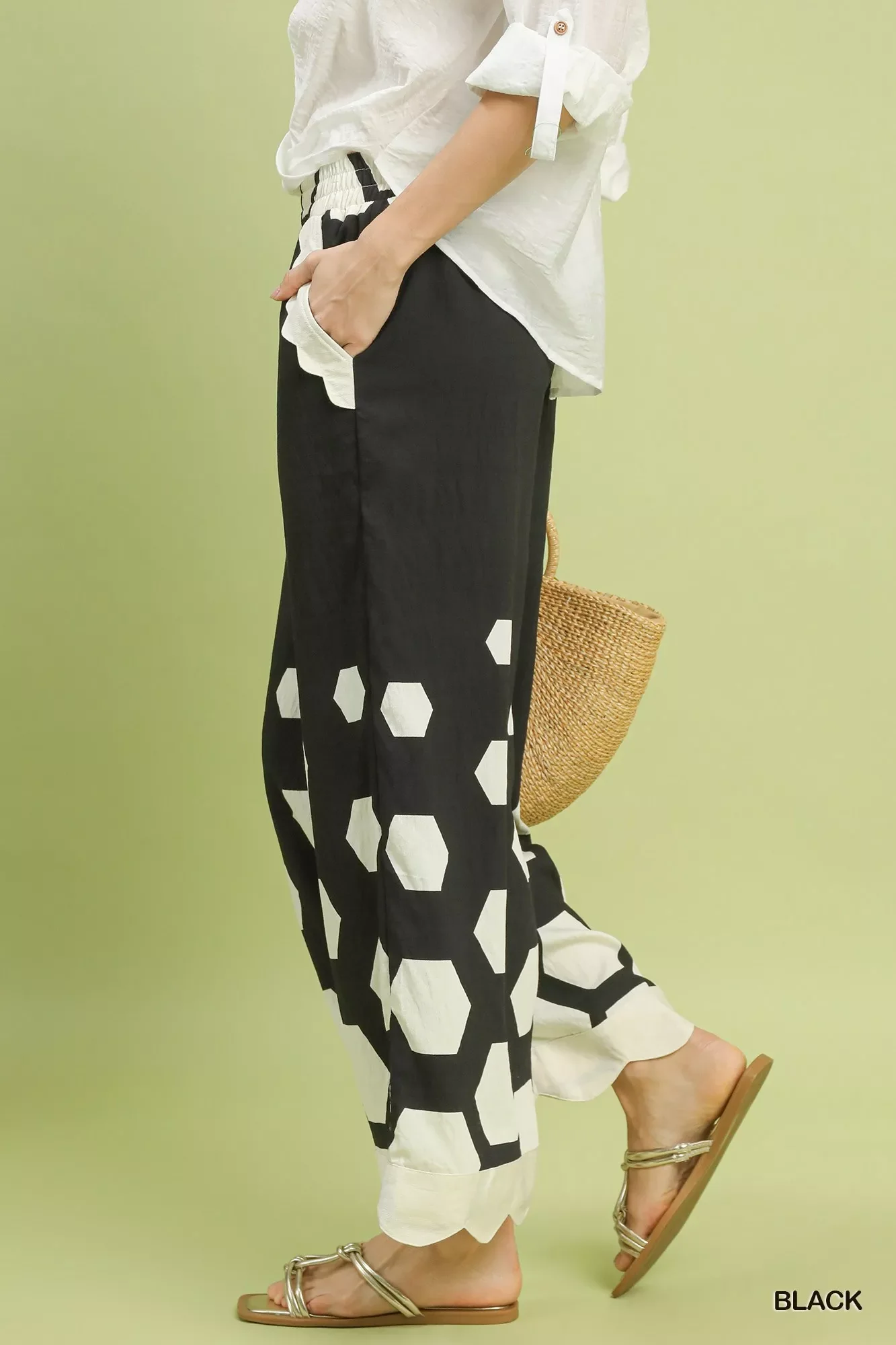 Umgee Hexagon Print Wide Leg Pants with Scalloped Hem - Image 2