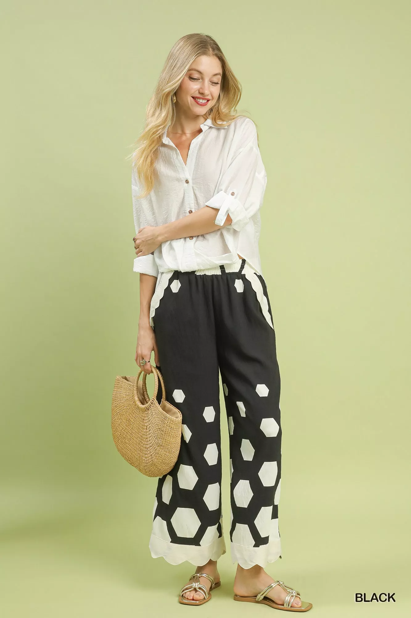 Umgee Hexagon Print Wide Leg Pants with Scalloped Hem - Image 5