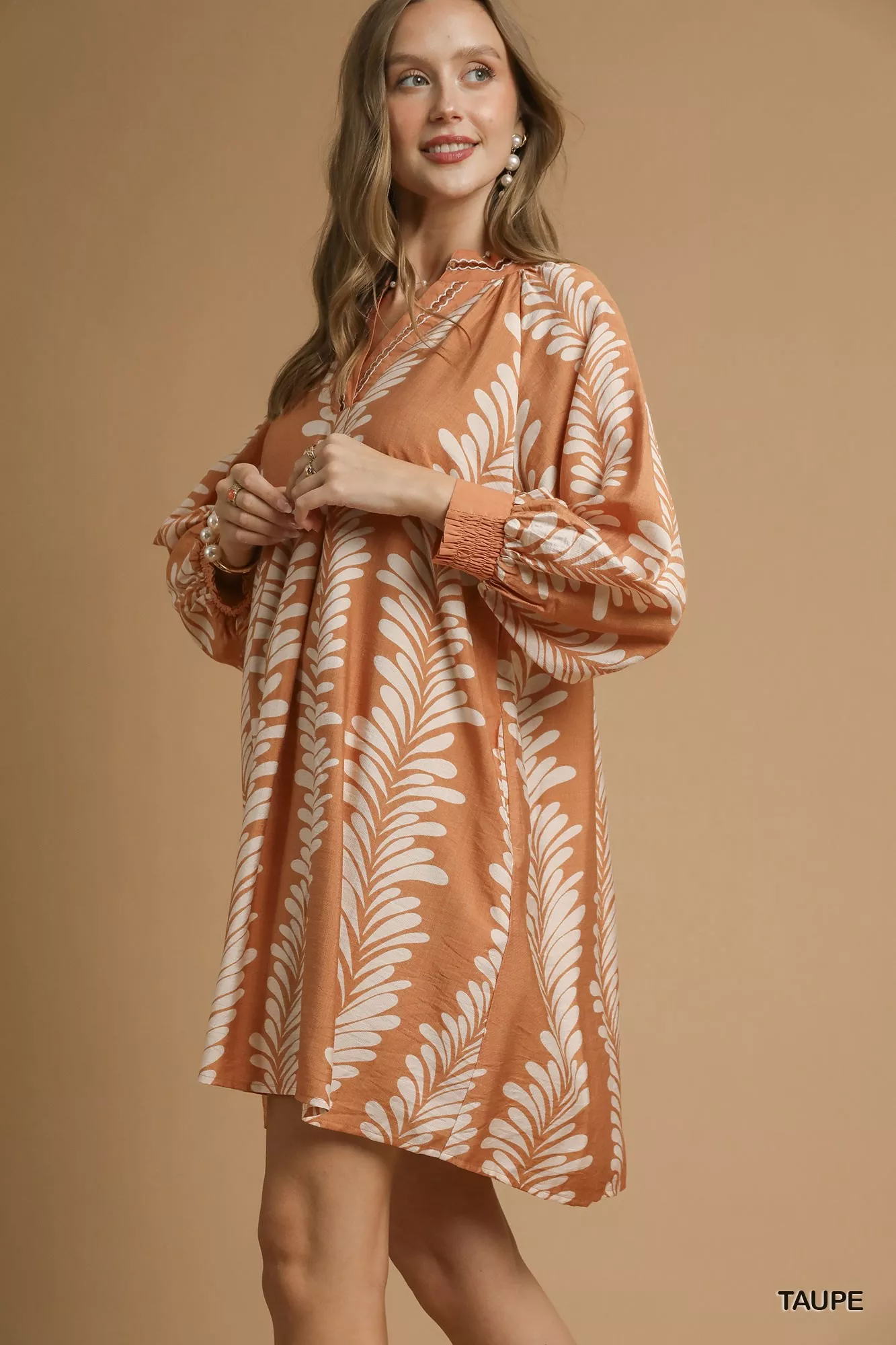 Umgee Leaf Print Notched Mini Babydoll Dress - Image 3