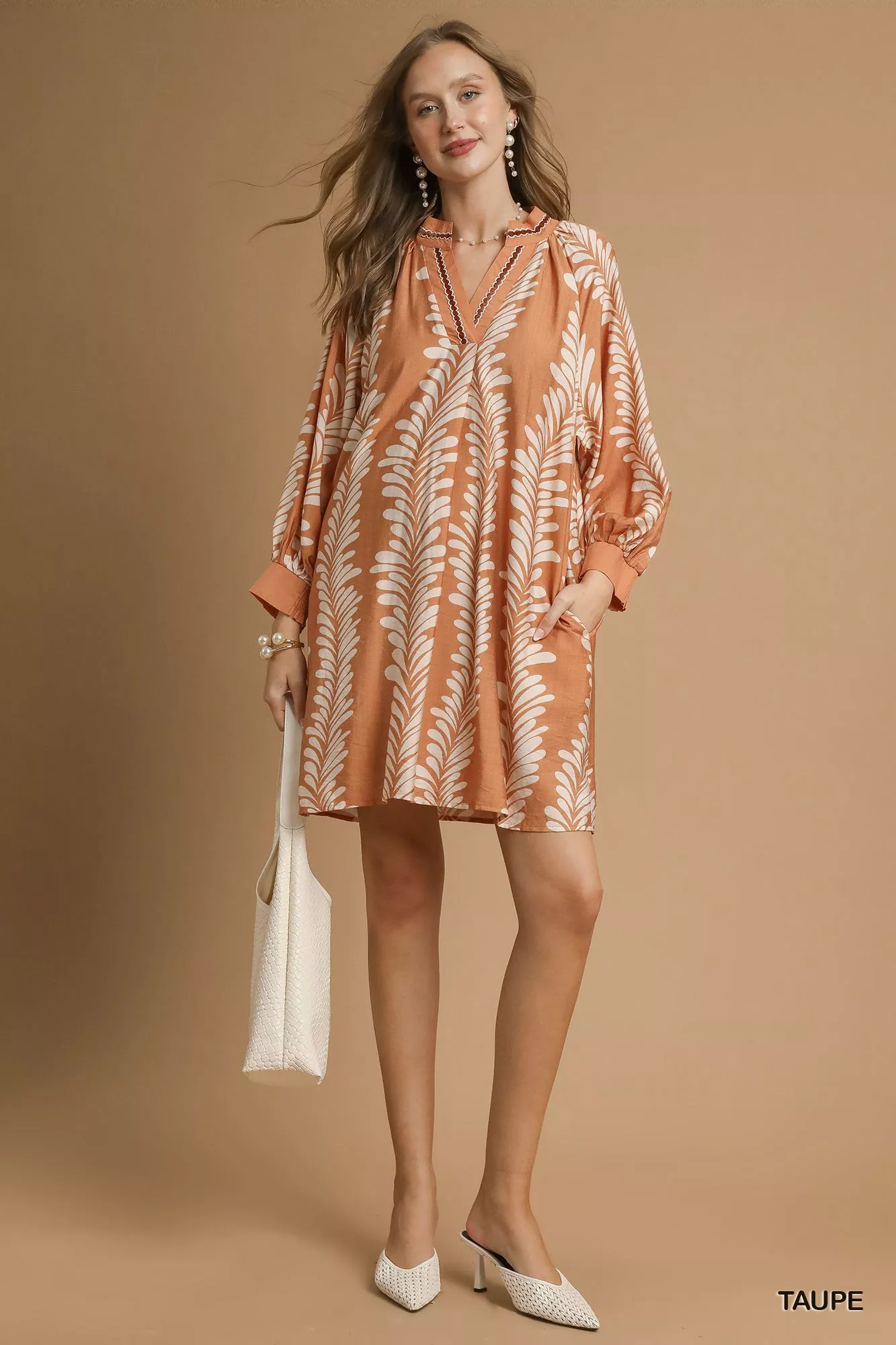 Umgee Leaf Print Notched Mini Babydoll Dress - Image 4