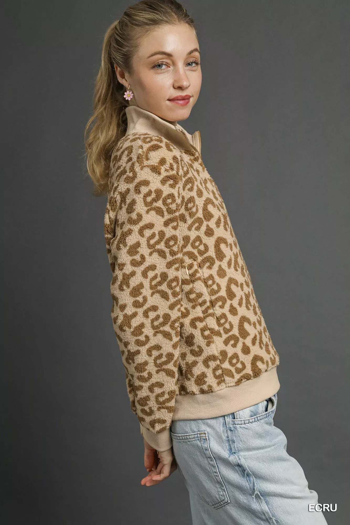 Umgee Leopard Print Quarter-Zip Sweatshirt - Image 2