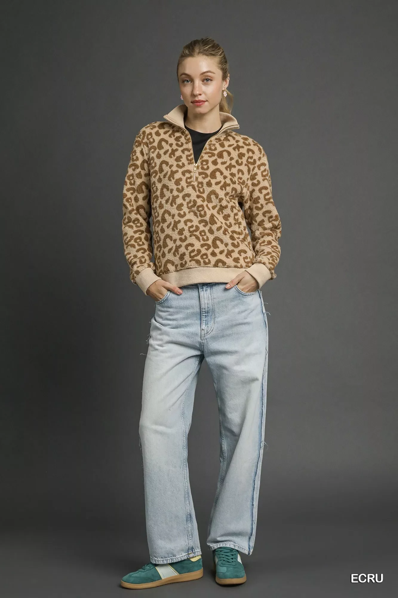 Umgee Leopard Print Quarter-Zip Sweatshirt - Image 4