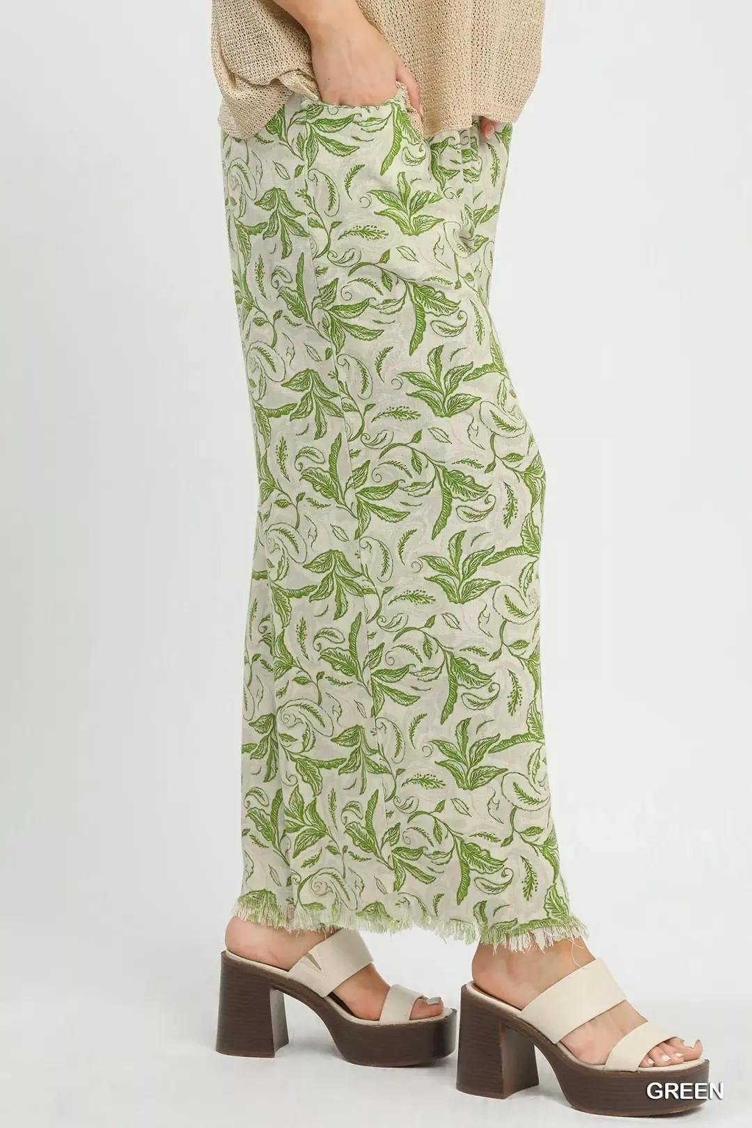Umgee Linen Printed Wide Leg Raw Hem Pants - Image 2