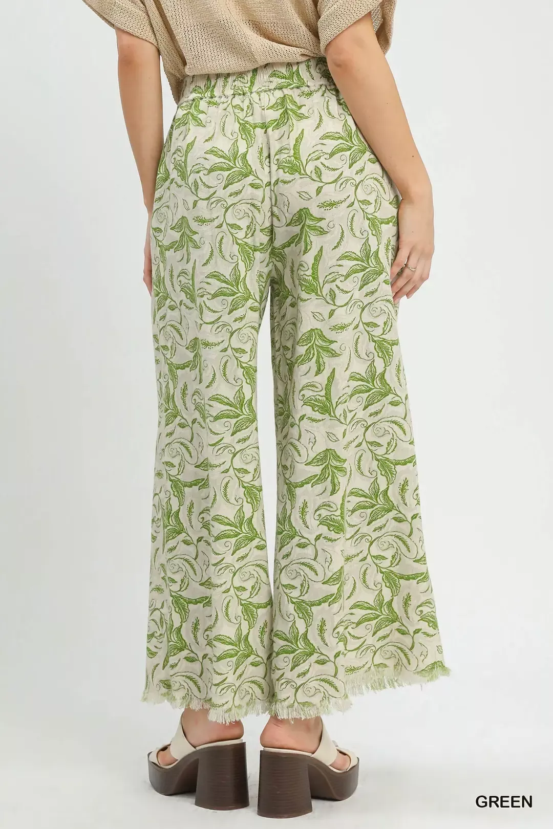 Umgee Linen Printed Wide Leg Raw Hem Pants - Image 3