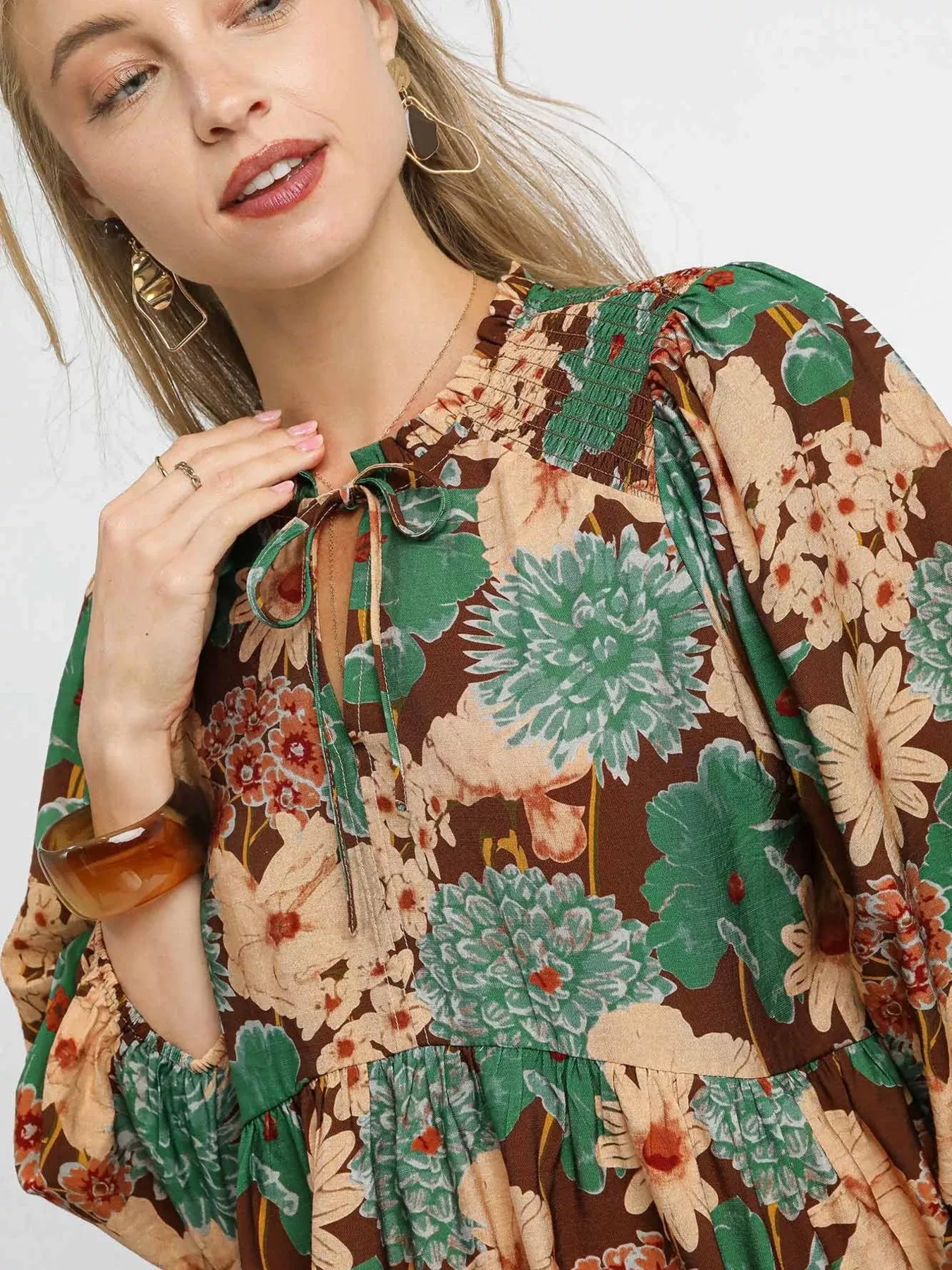 Umgee Mix Floral Peplum Blouse with Tie Neck - Image 5
