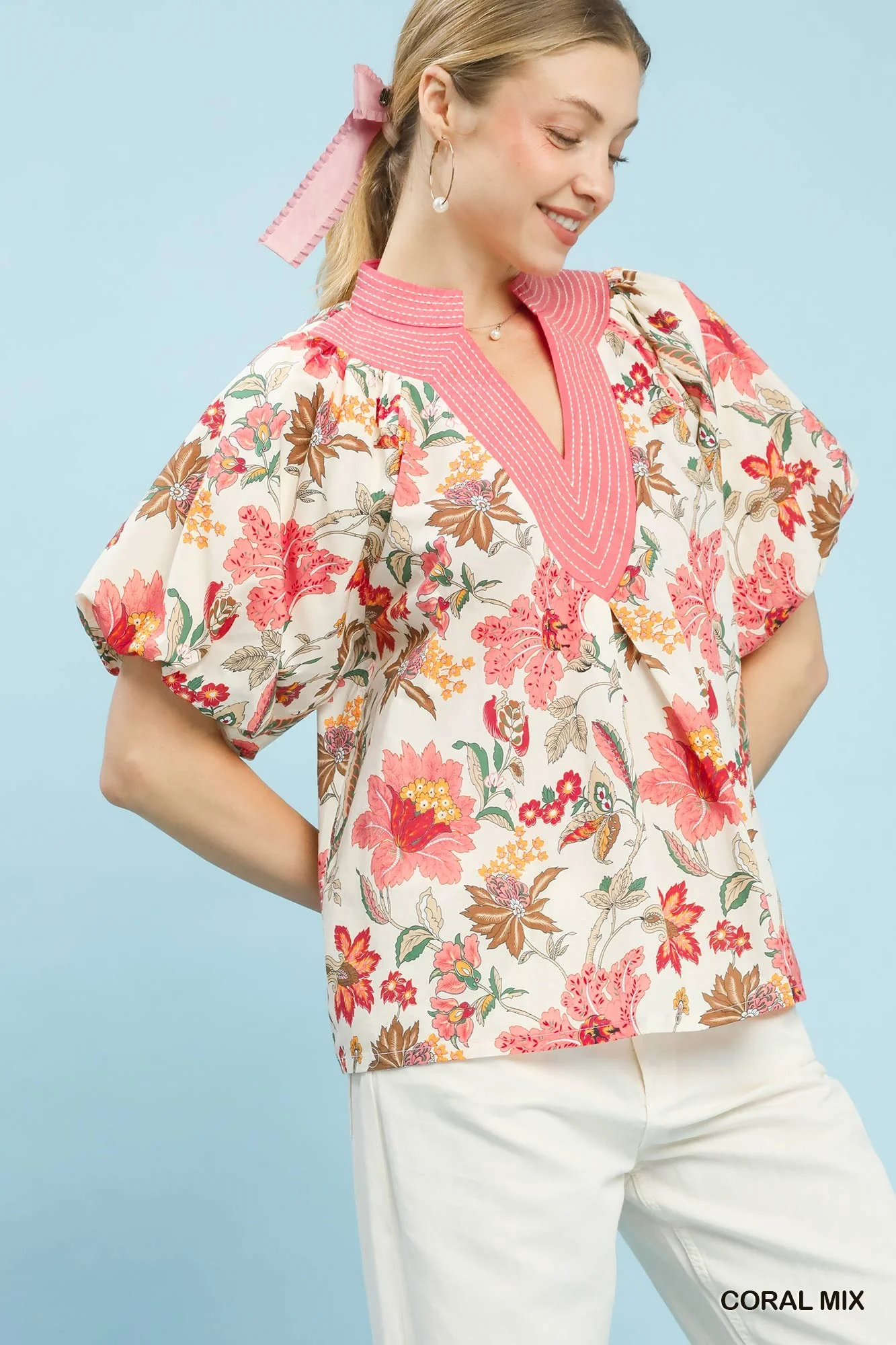 Umgee Mix Floral Puff Sleeve Blouse - Image 4