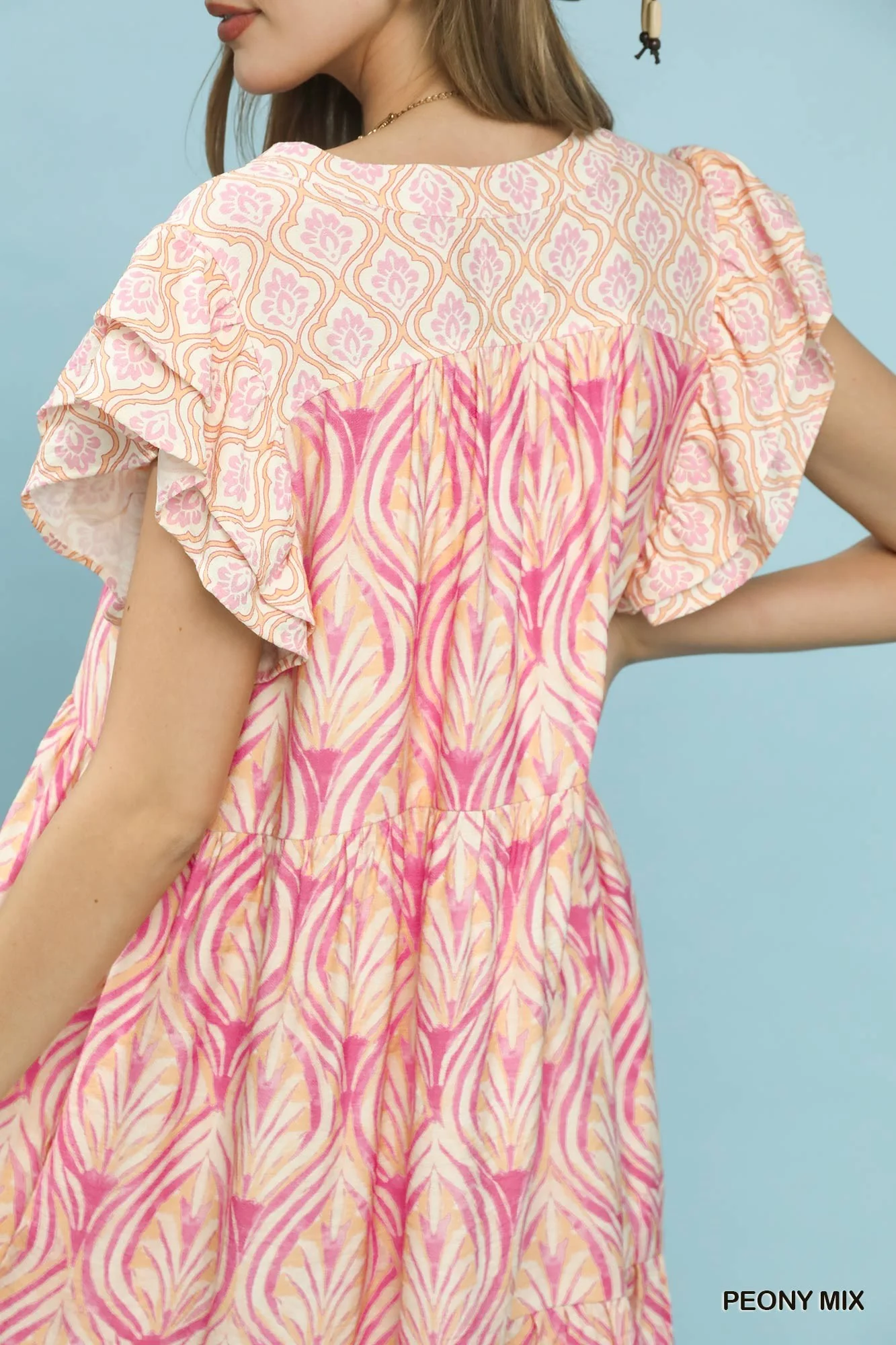 Umgee Mix Printed Flutter Sleeve Dress - Image 4