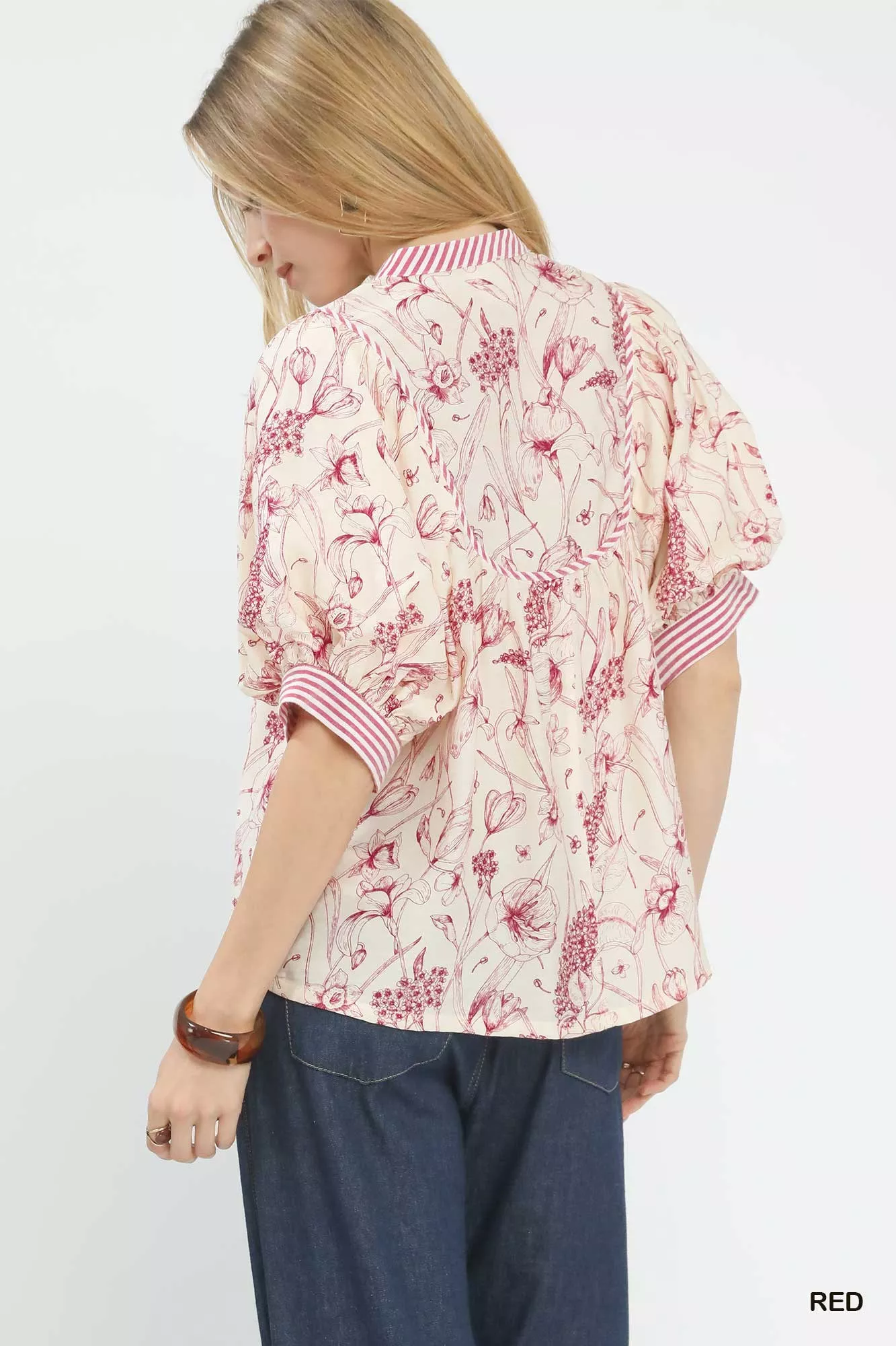 Umgee Mixed Print Puff Sleeve Split Neck Top - Image 4