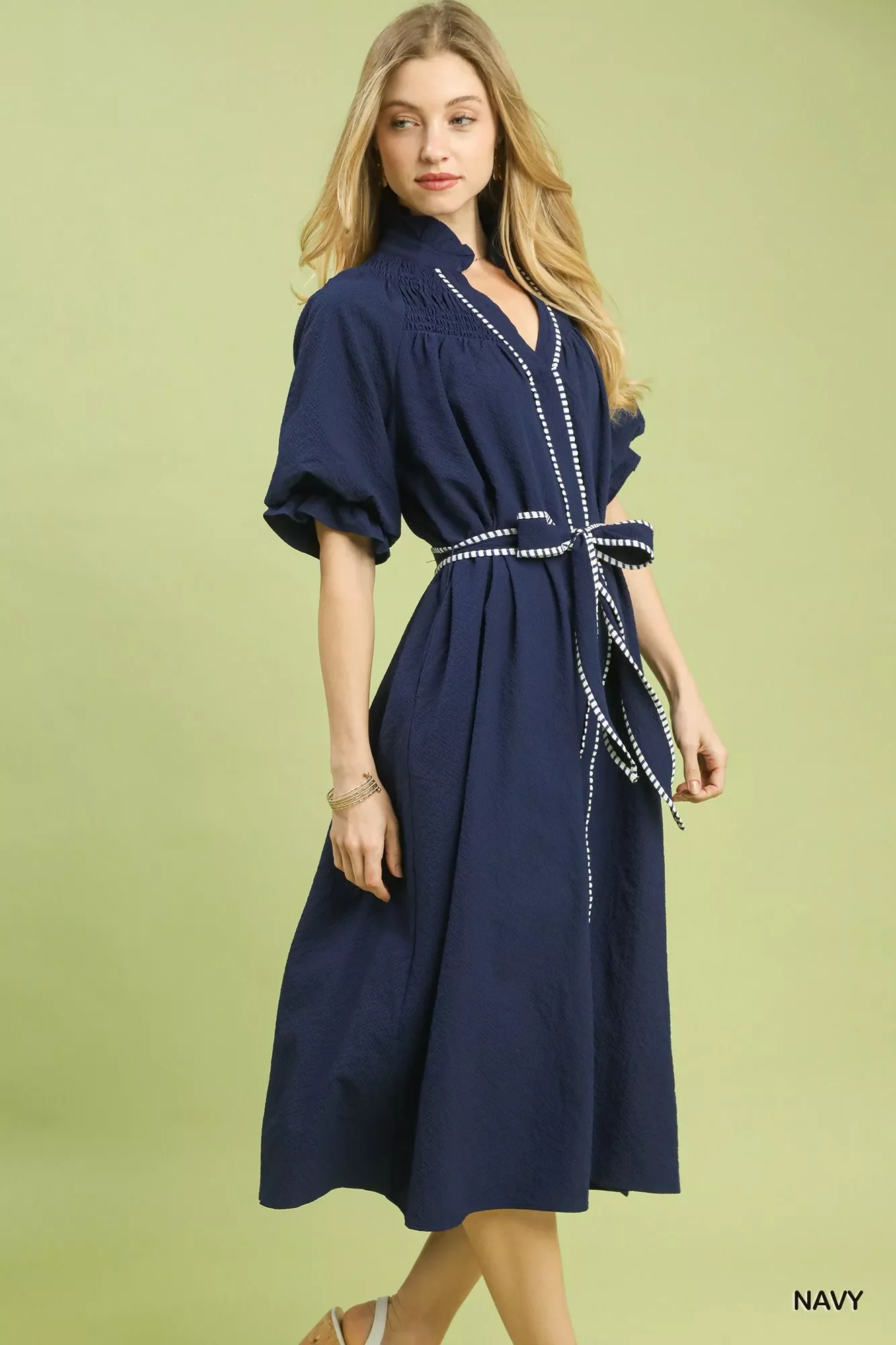 Umgee Ruffle Collar Midi Dress with Stripe Trim - Image 4