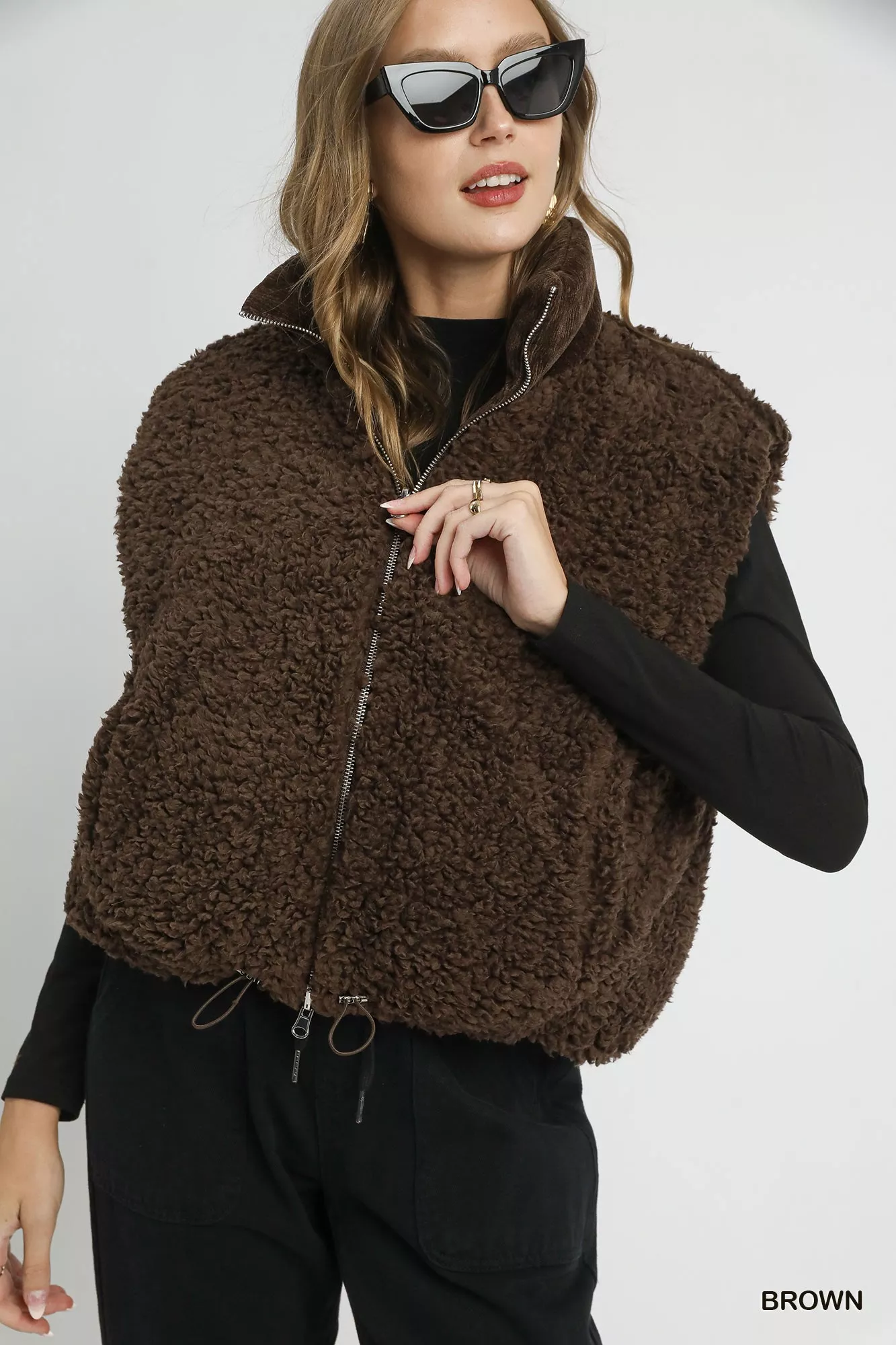 Umgee Sherpa-Lined Zip Vest with Drawstring Hem