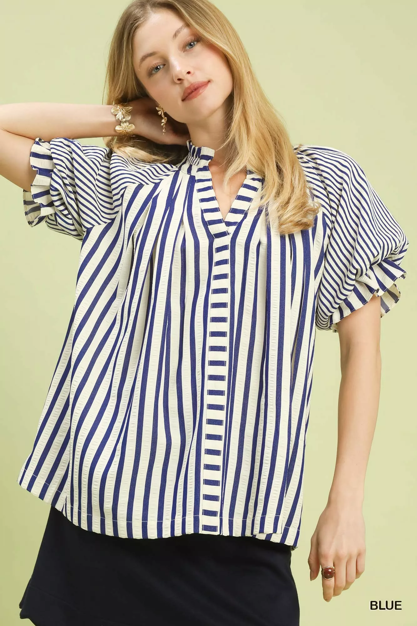 Umgee Striped Notched Top with Short Flutter Sleeves - Image 2