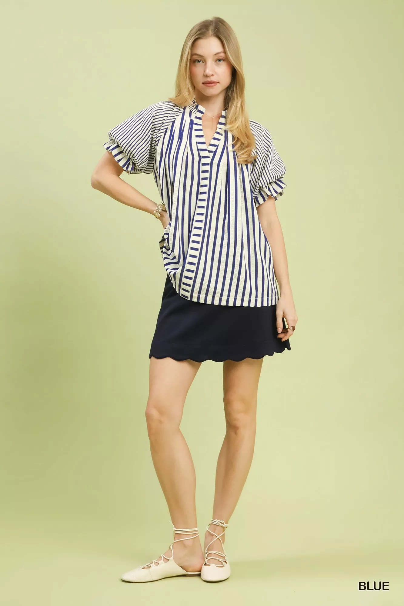 Umgee Striped Notched Top with Short Flutter Sleeves - Image 3