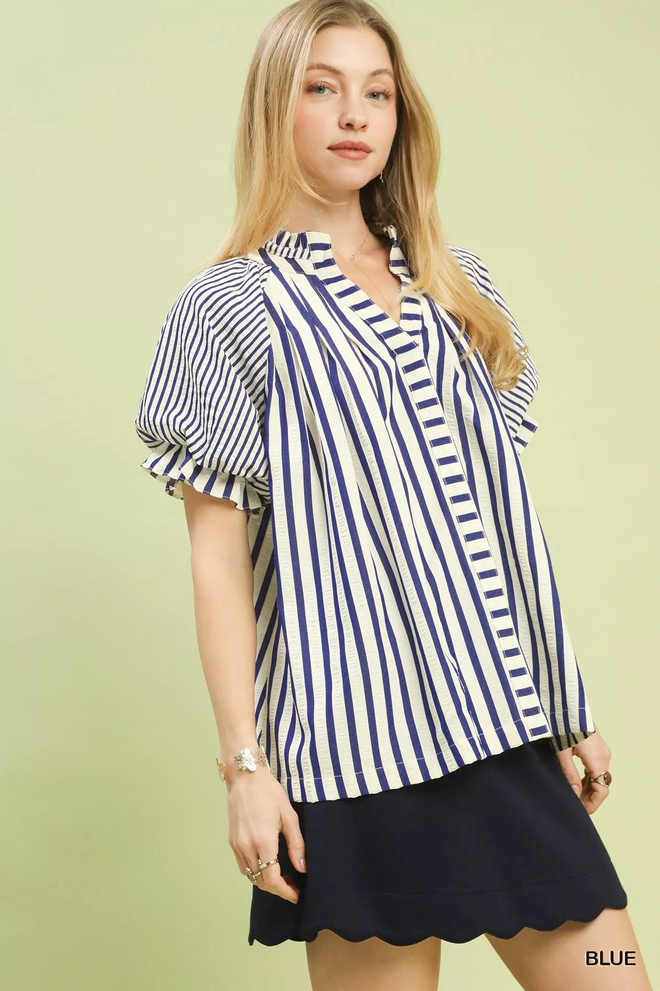 Umgee Striped Notched Top with Short Flutter Sleeves - Image 4
