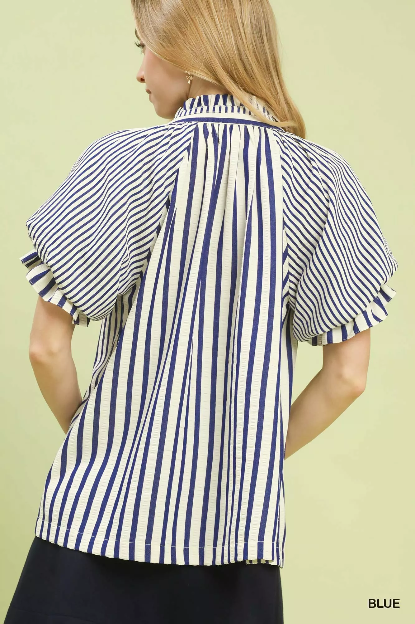 Umgee Striped Notched Top with Short Flutter Sleeves - Image 5