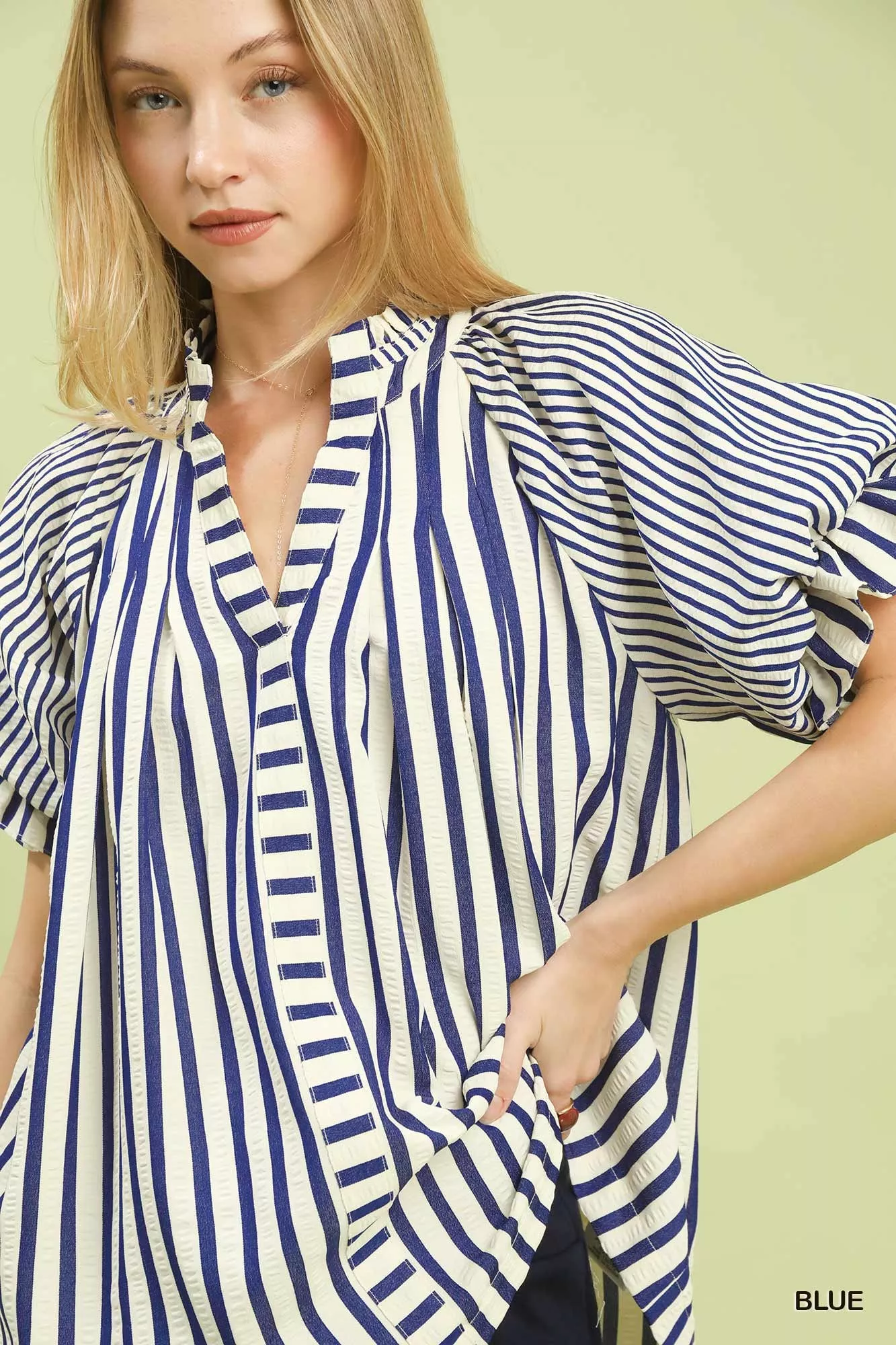 Umgee Striped Notched Top with Short Flutter Sleeves - Image 6