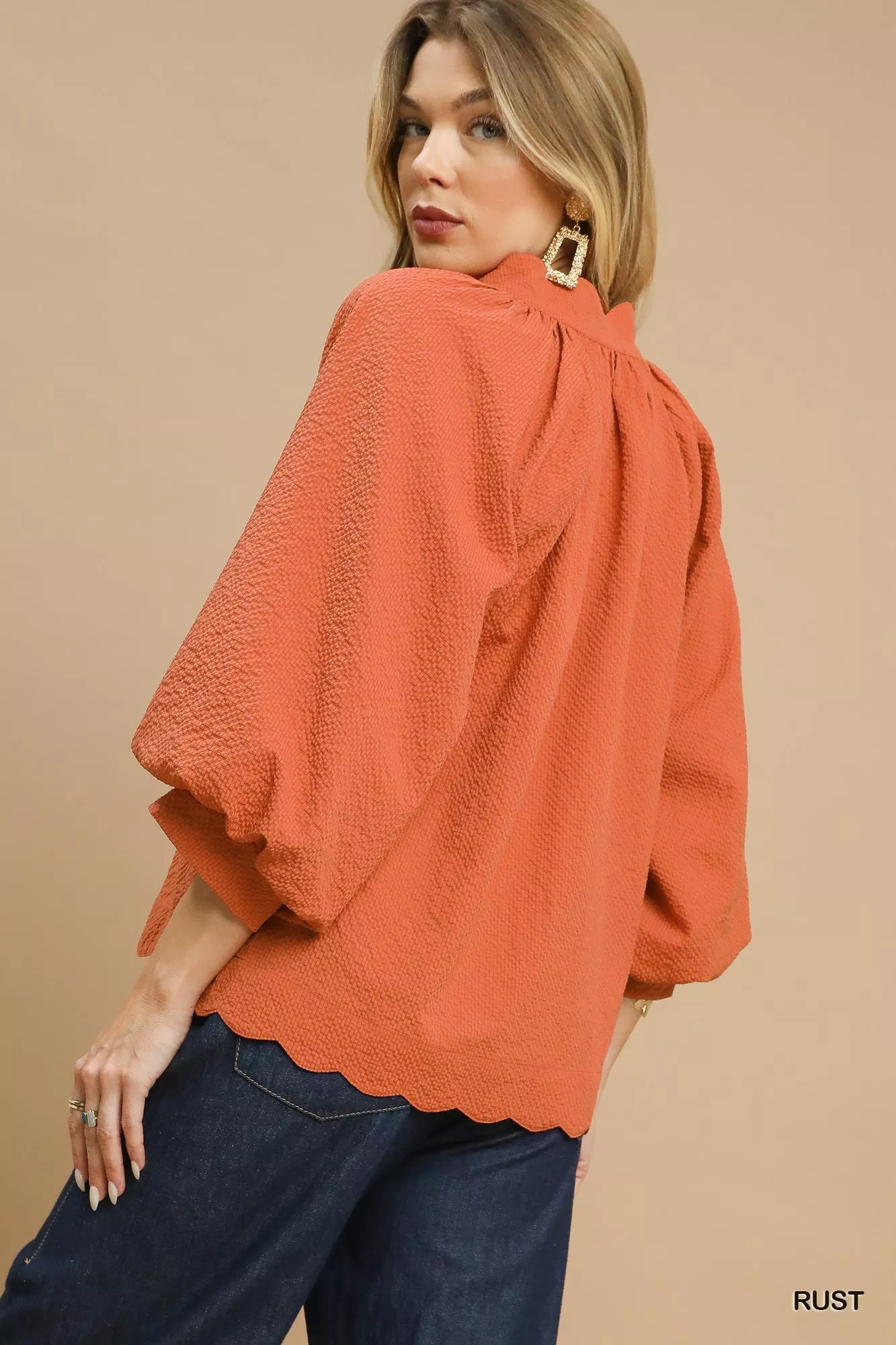 Umgee Textured Notched Balloon Sleeve Blouse with Scalloped Hem - Image 2