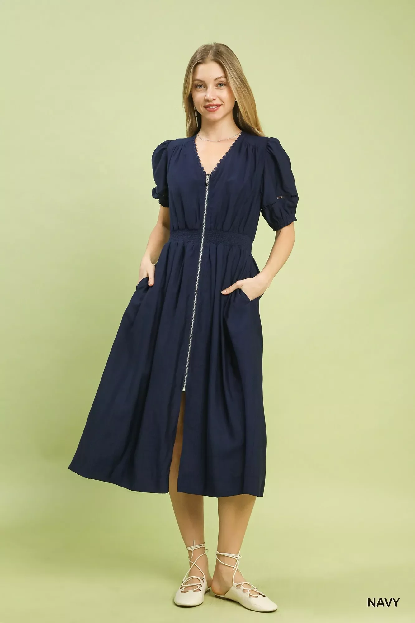 Umgee Zip-Front Smocked Waist Midi Dress - Image 2