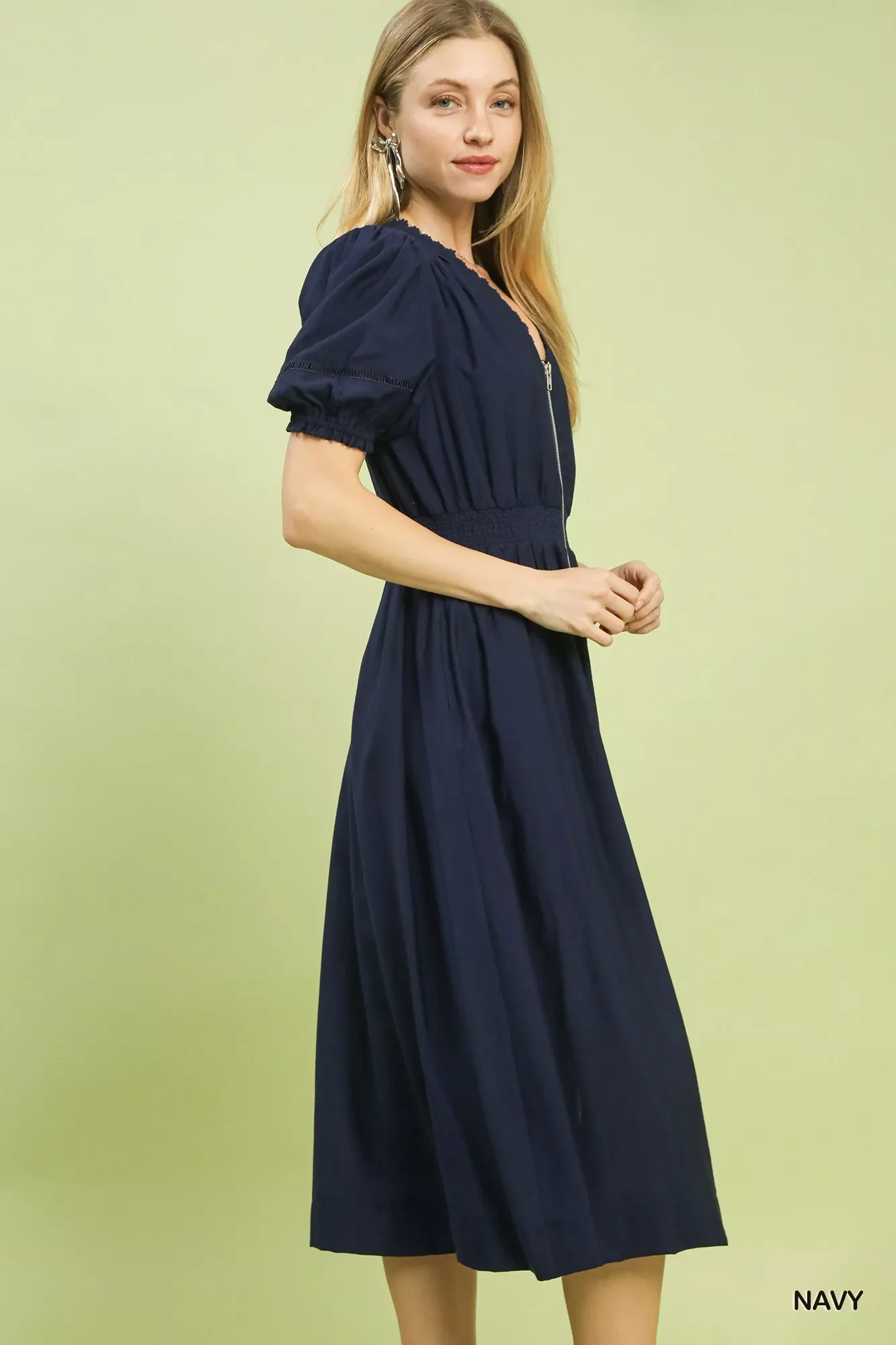 Umgee Zip-Front Smocked Waist Midi Dress - Image 3