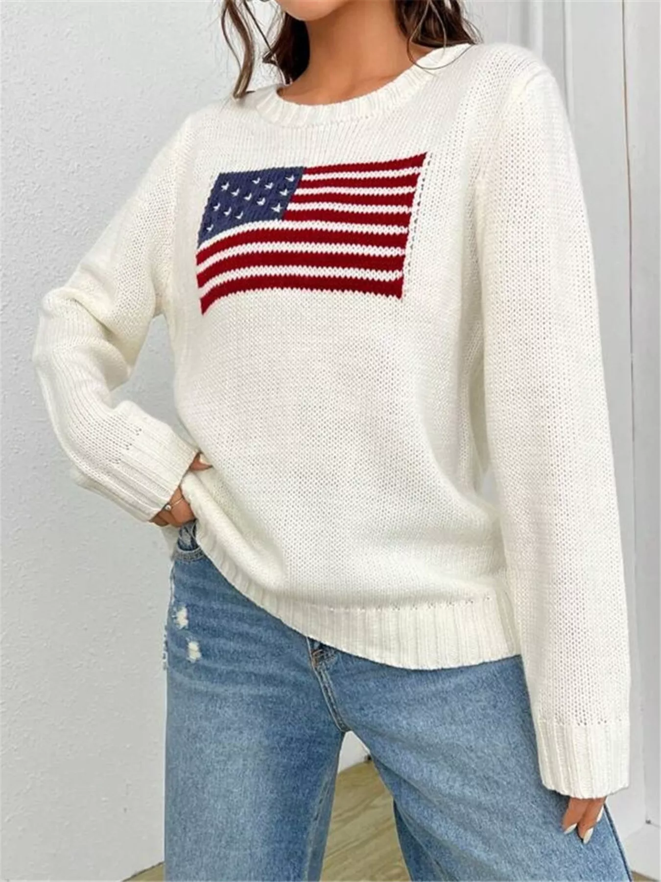 US Flag Round Neck Long Sleeve Sweater - Image 3