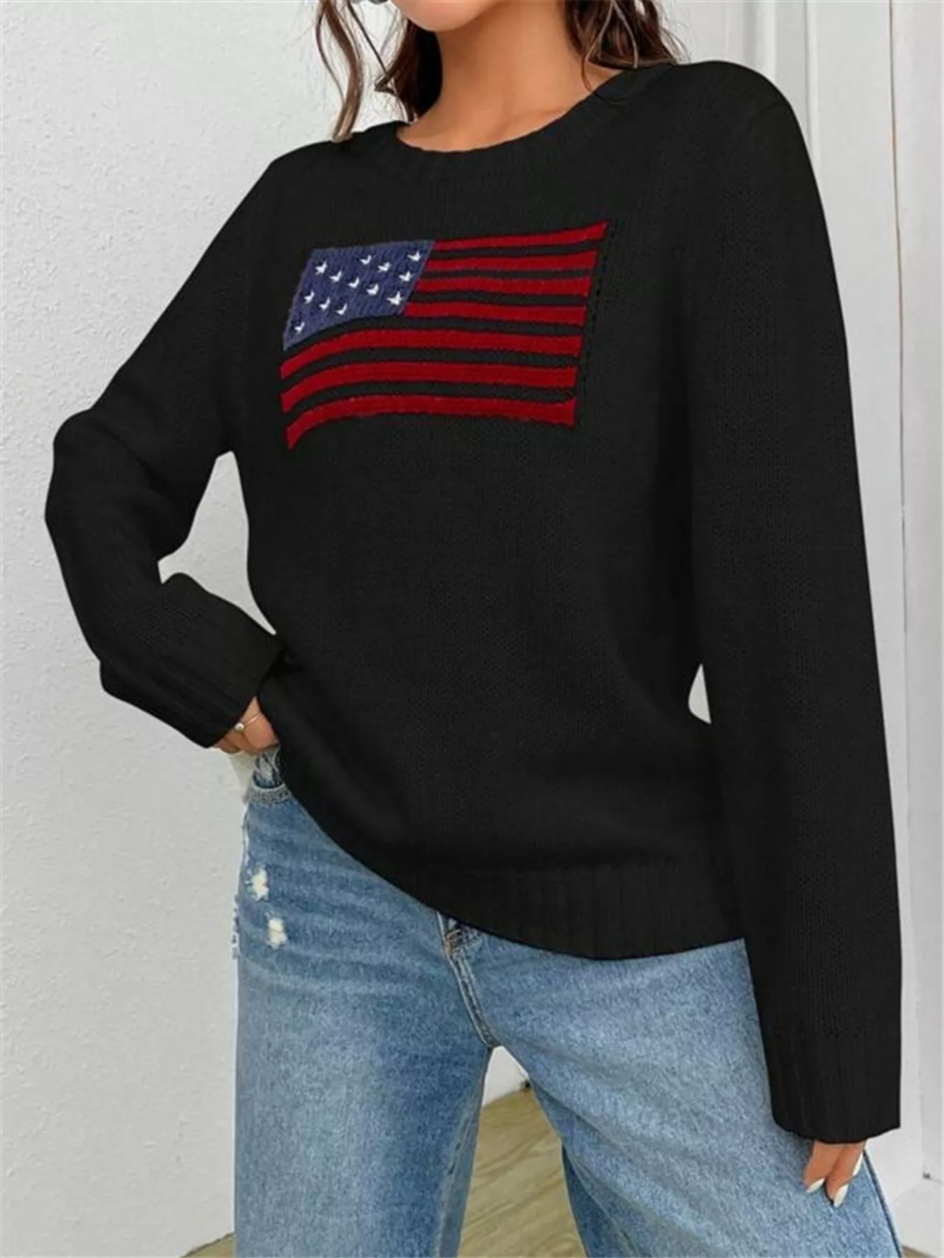 US Flag Round Neck Long Sleeve Sweater - Image 9