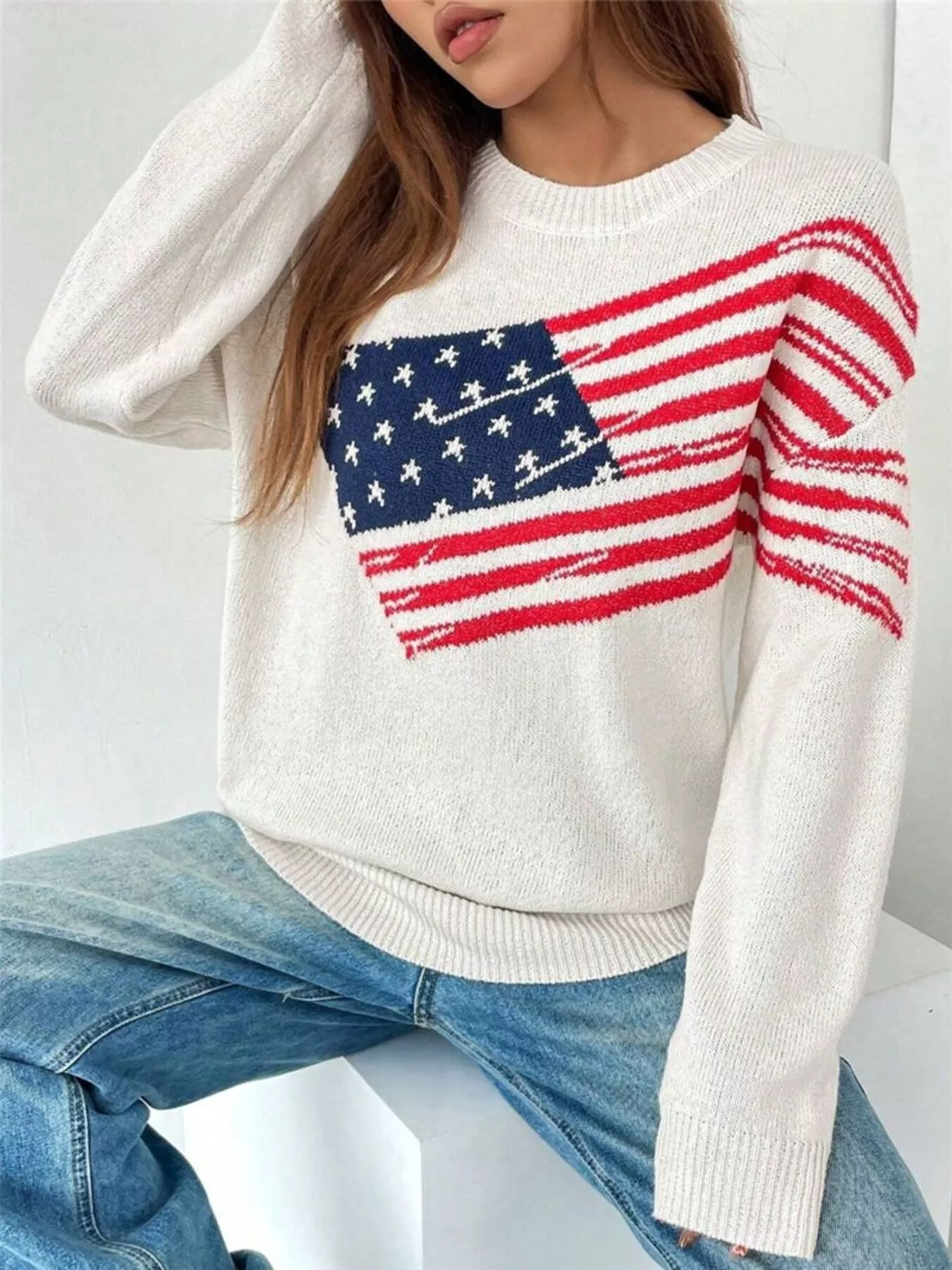 US Flag Round Neck Long Sleeve Sweater - Image 4