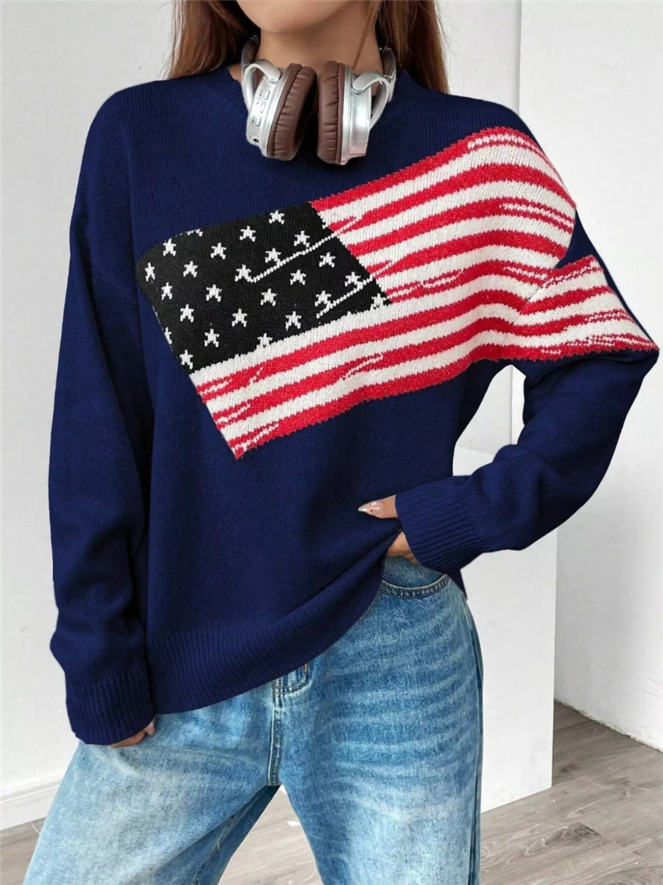 US Flag Round Neck Long Sleeve Sweater - Image 7