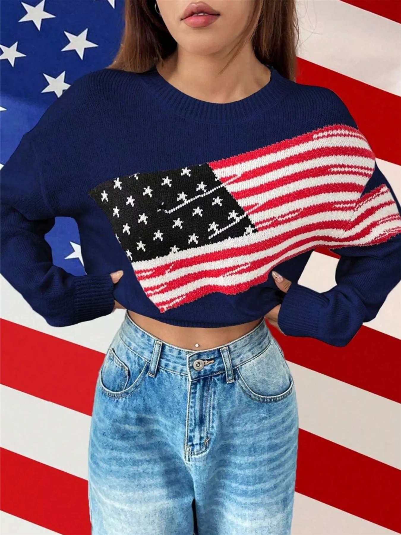US Flag Round Neck Long Sleeve Sweater - Image 8