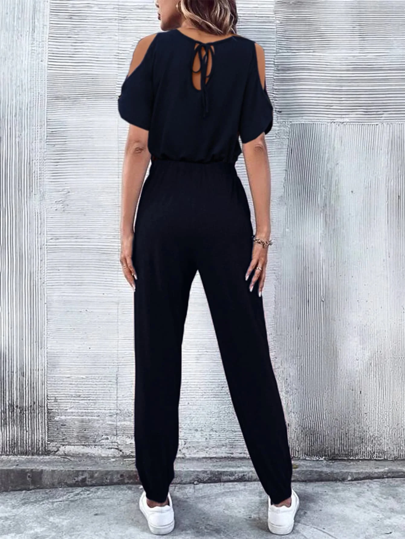 V-Neck Cold-Shoulder Jumpsuit with Pockets - Image 2