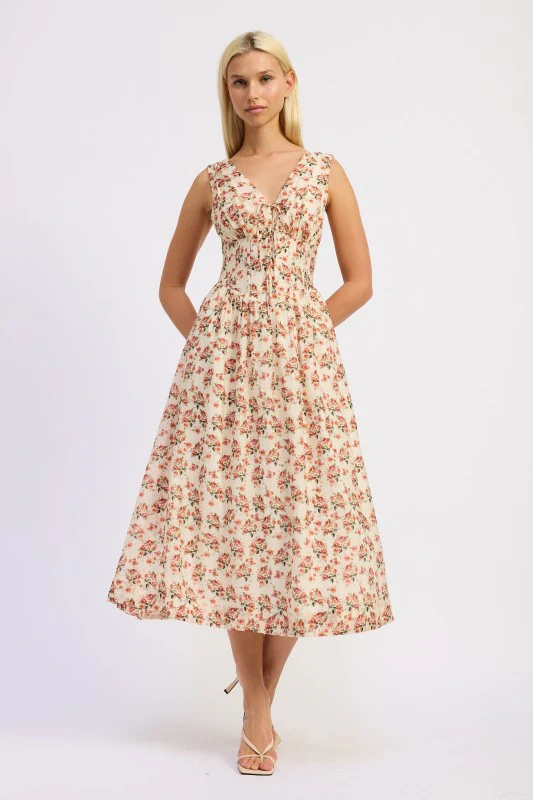 V NECK CORSET MIDI DRESS
