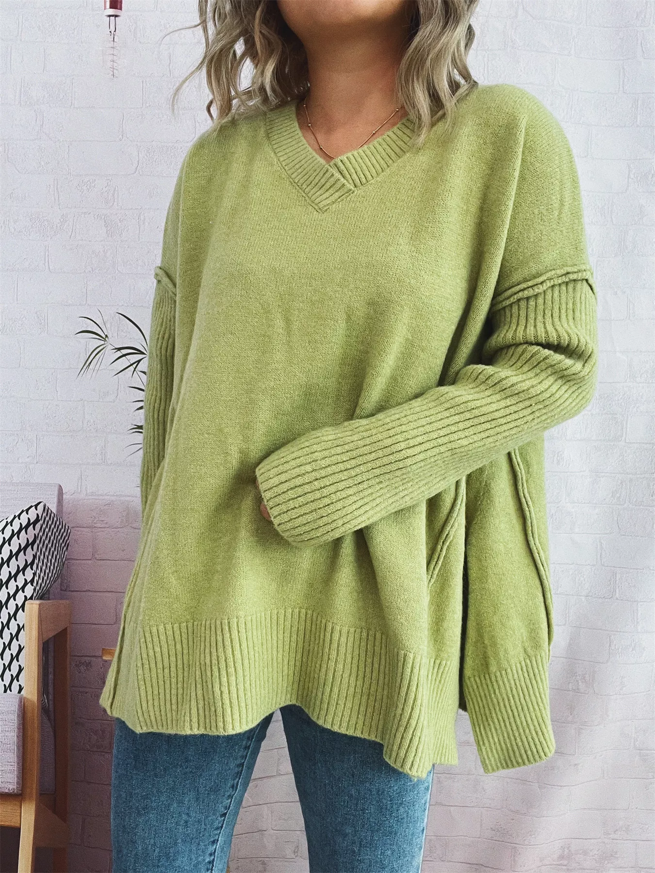 V-Neck Dropped Shoulder Sweater - Image 11
