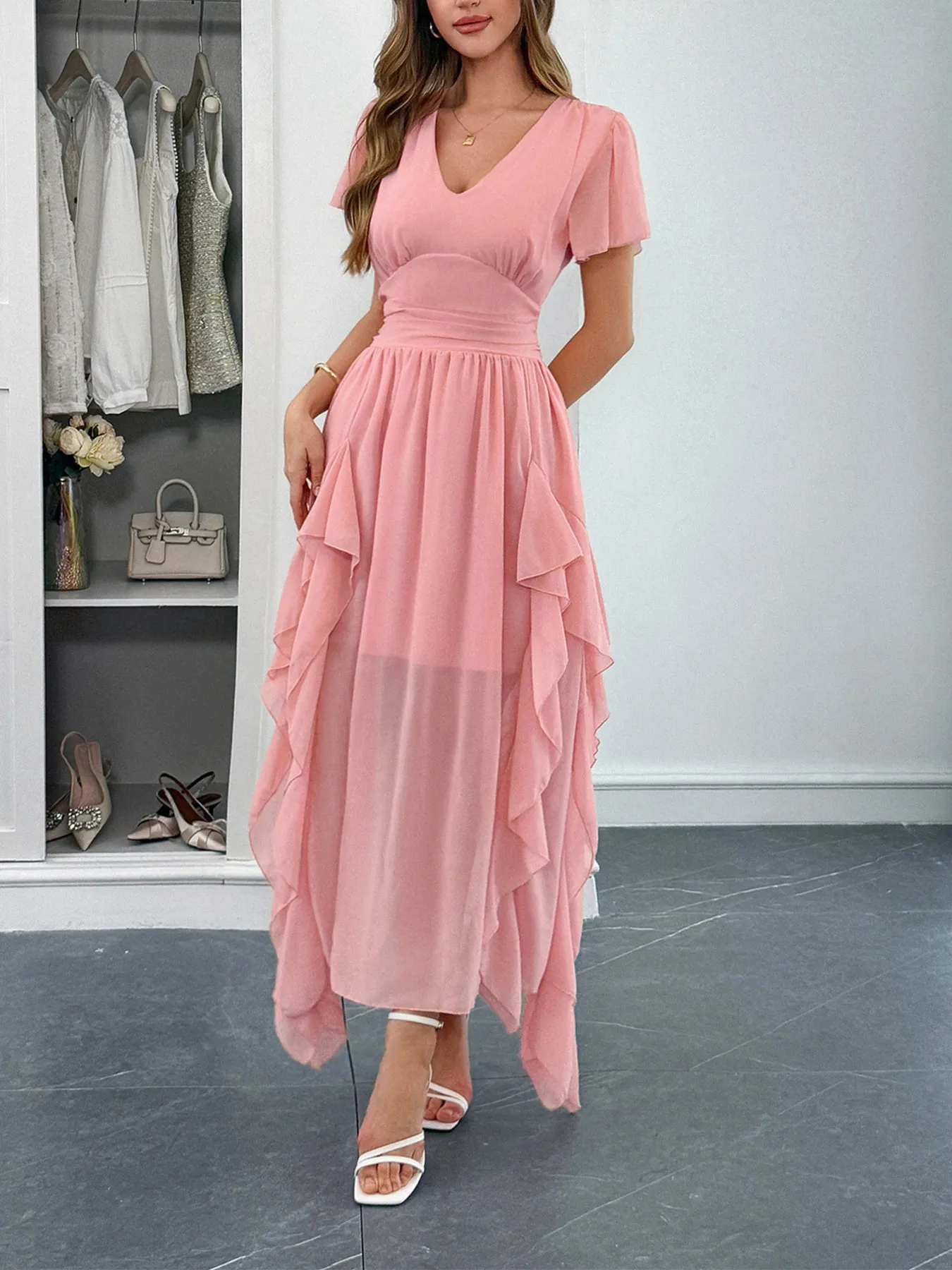 V-Neck Flutter Sleeve Dress - Image 3