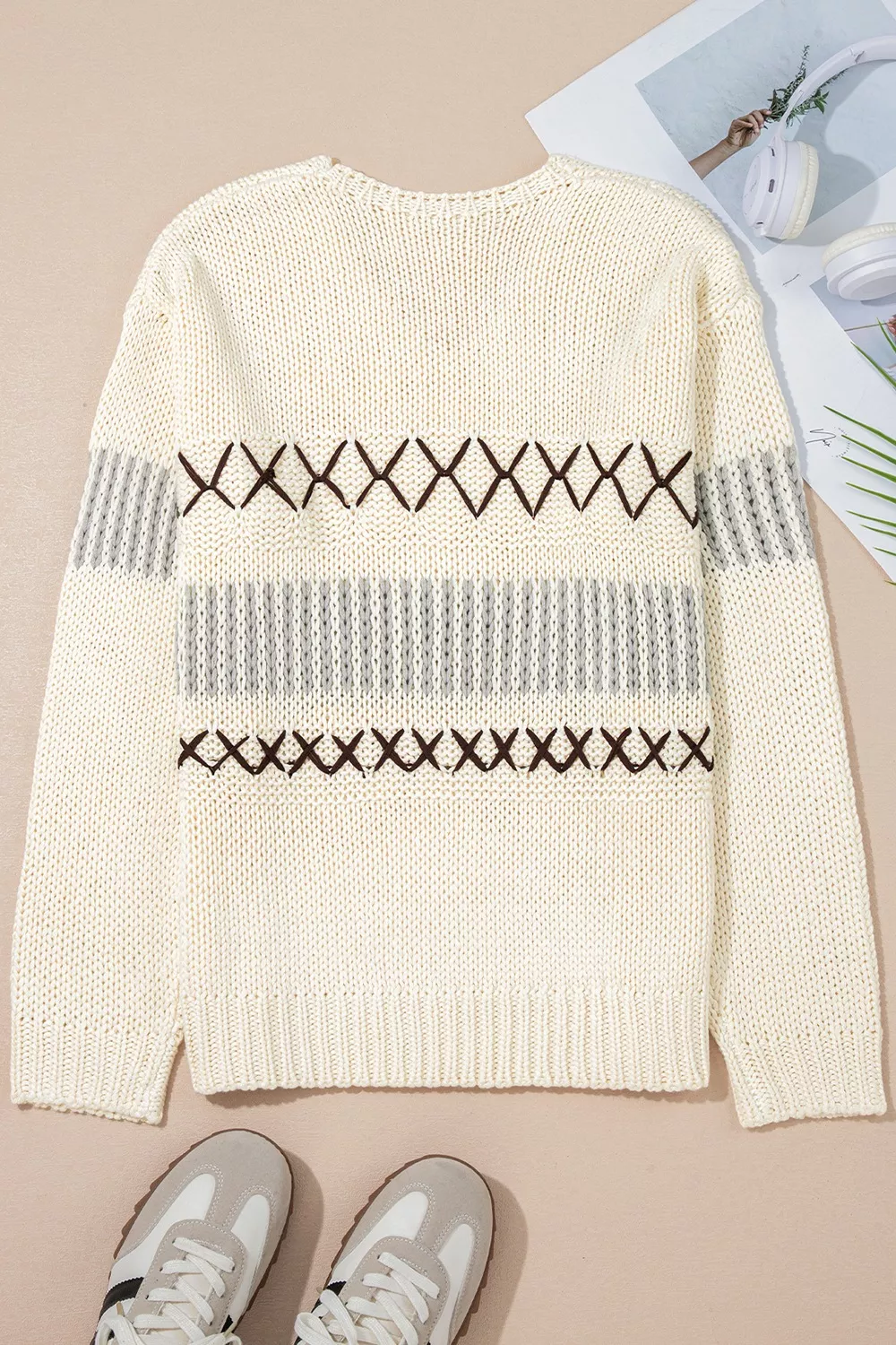 V-Neck Knit Long Sleeve Sweater - Image 8