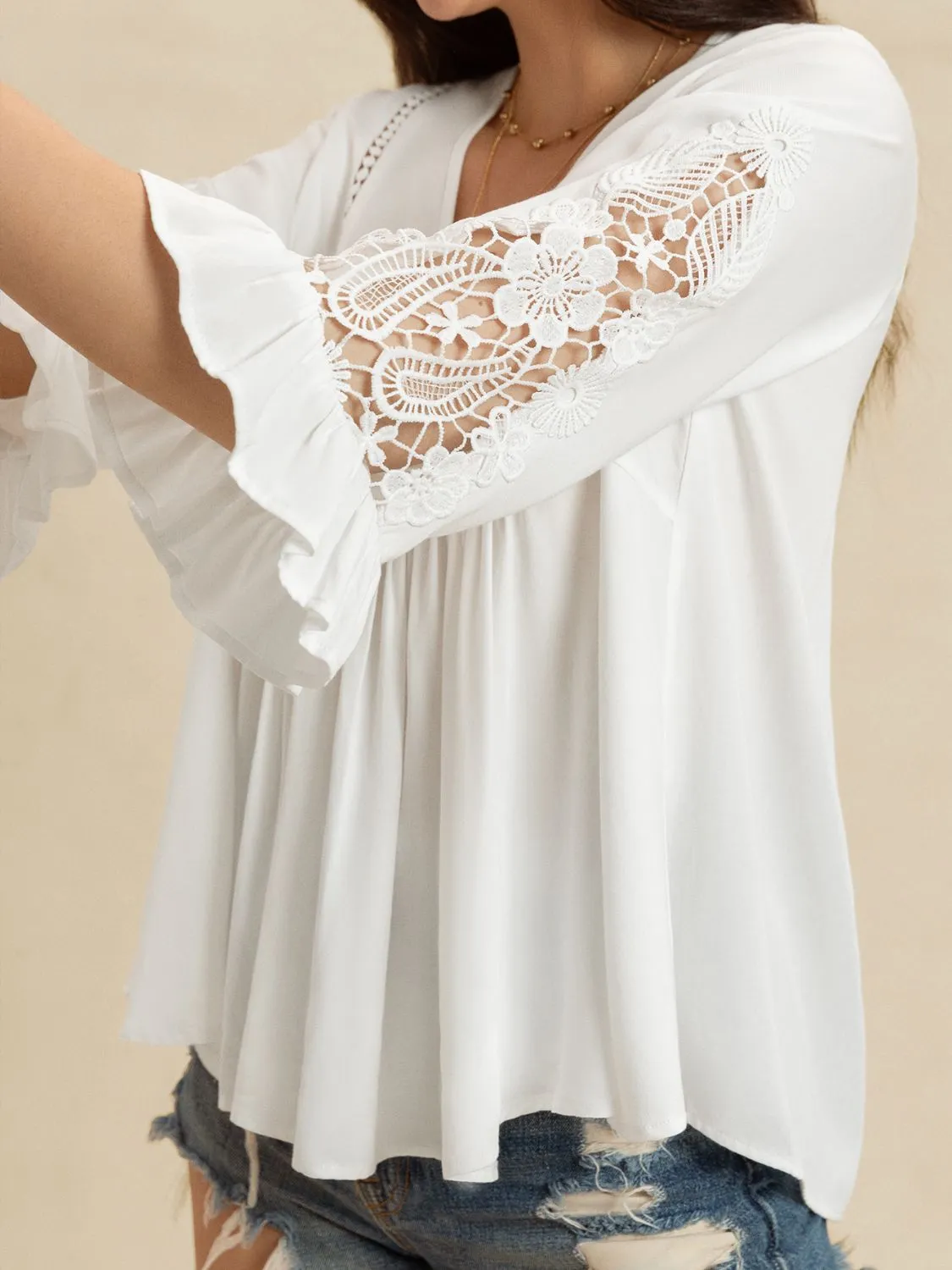 V-Neck Lace Flounce Sleeve Top - Image 4