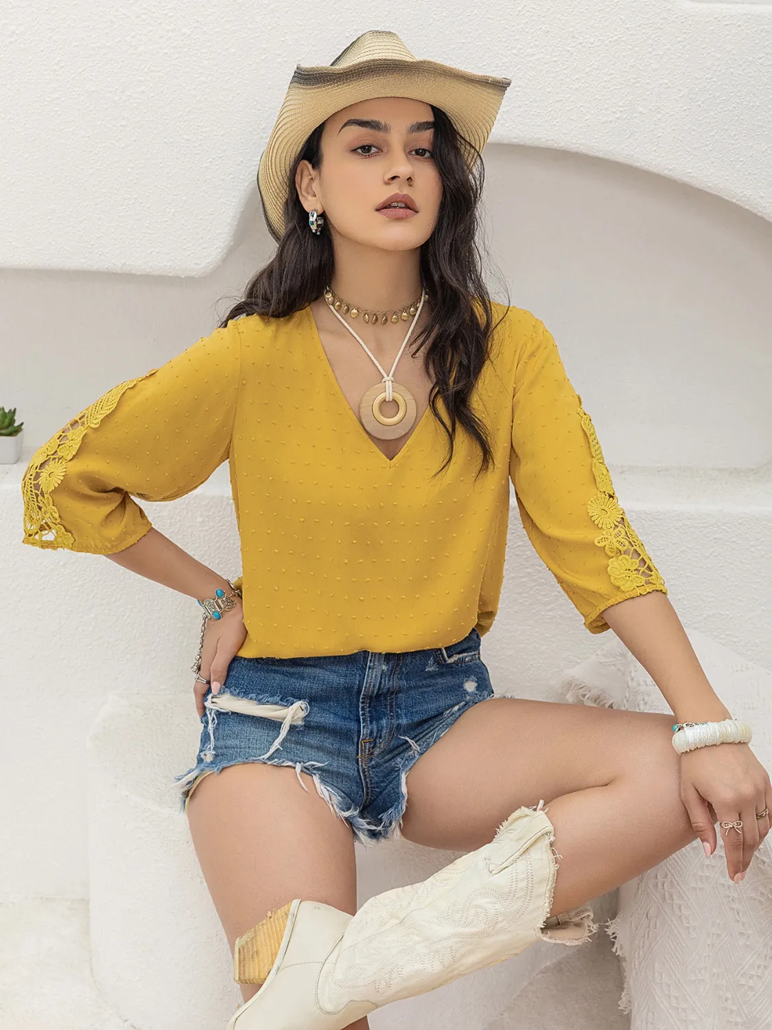 V-Neck Lace Three-Quarter Sleeve Top - Image 4