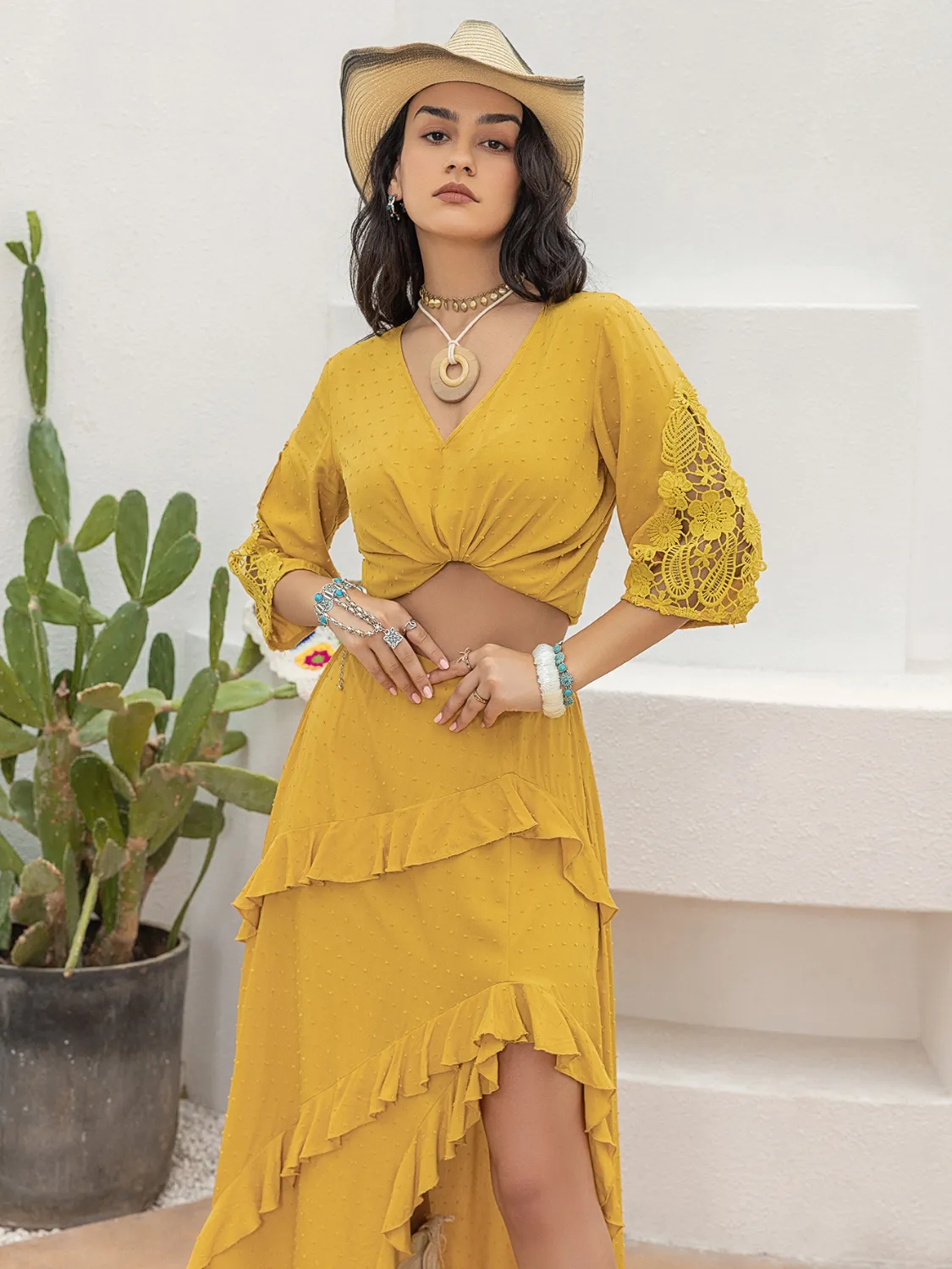 V-Neck Lace Three-Quarter Sleeve Top - Image 7
