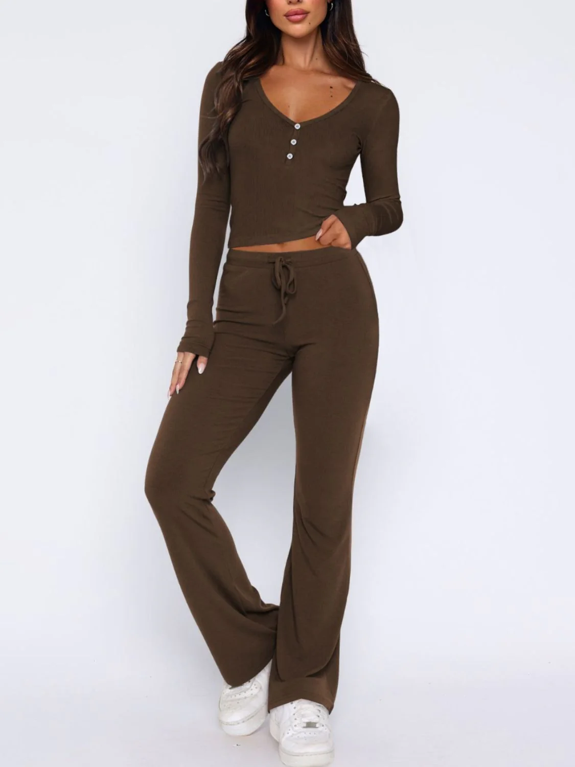 V-Neck Long Sleeve Top and Pants Set - Image 7