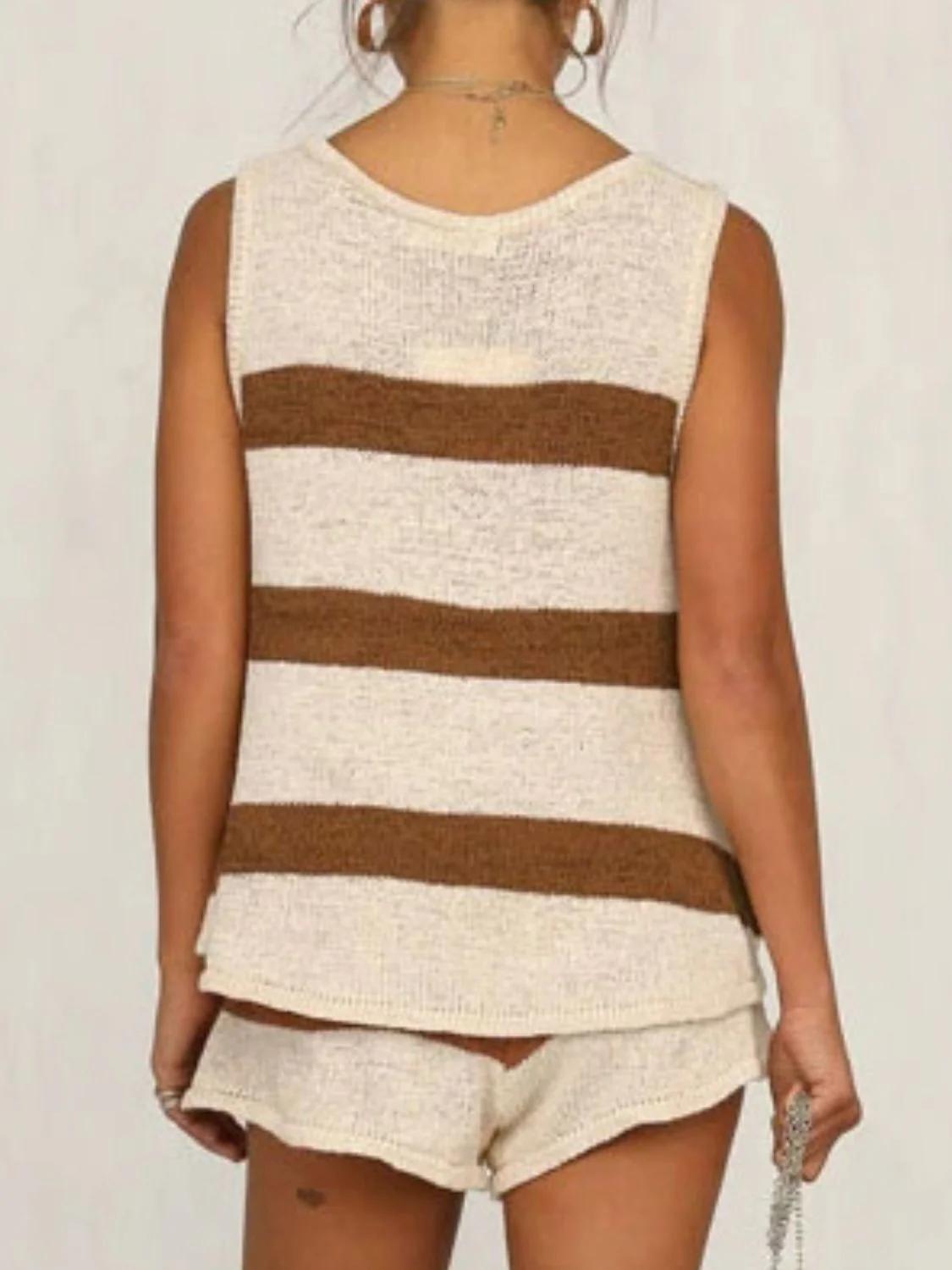 V-Neck Sleeveless Top and Drawstring Shorts Sweater Set - Image 2