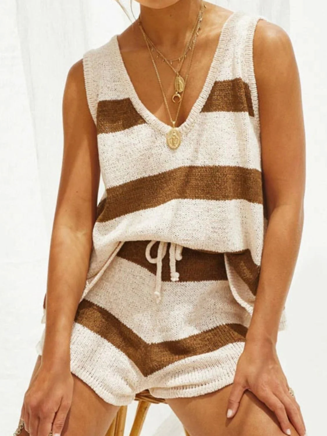 V-Neck Sleeveless Top and Drawstring Shorts Sweater Set - Image 3