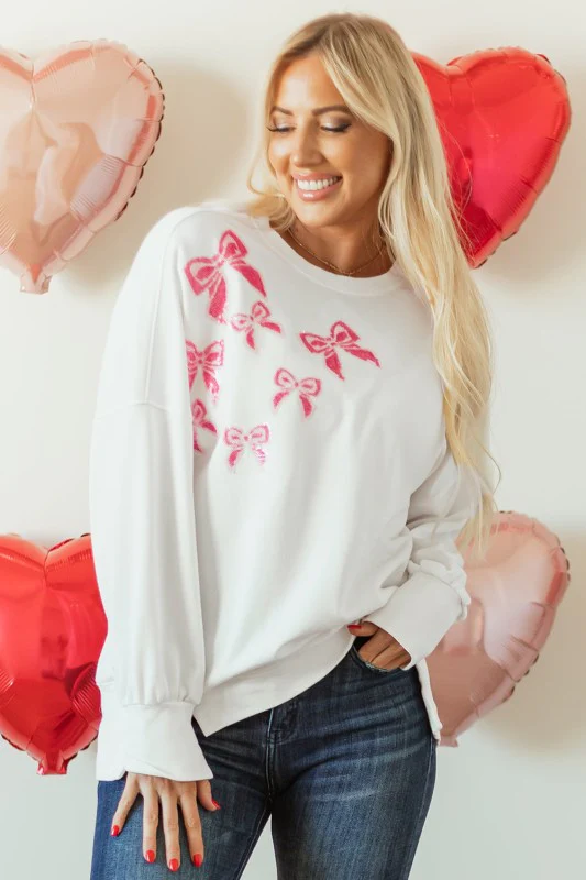 Valentine Bow Sequin Long Sleeve Oversize Sweatshi