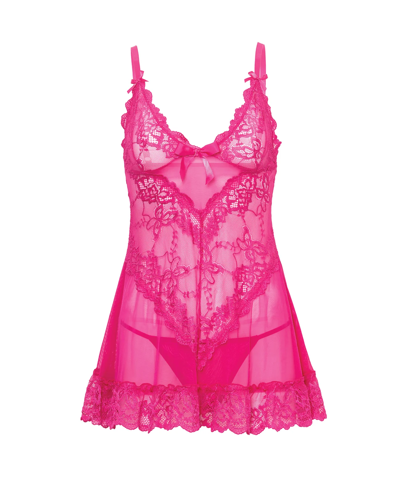 Valentine Lace Babydoll w/Bows & G-String - Rose 1X/2X - Image 3