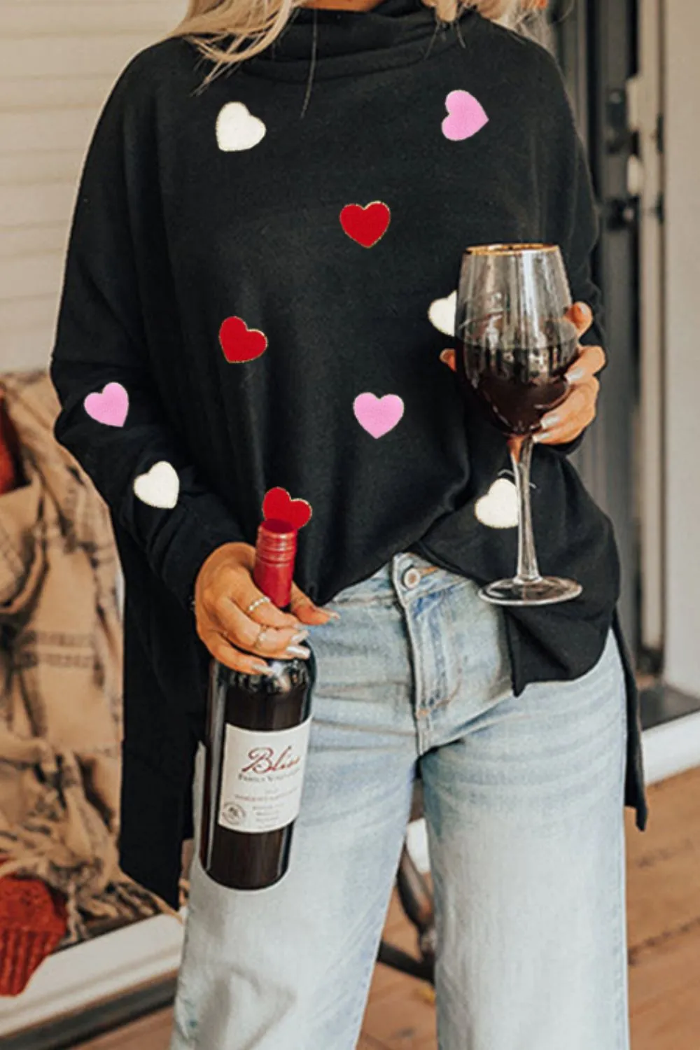 Valentineās Day Heart Patched Turtleneck Long Sleeve Top