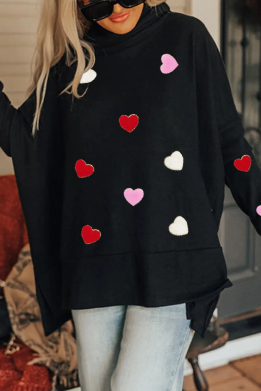 Valentineās Day Heart Patched Turtleneck Long Sleeve Top - Image 2
