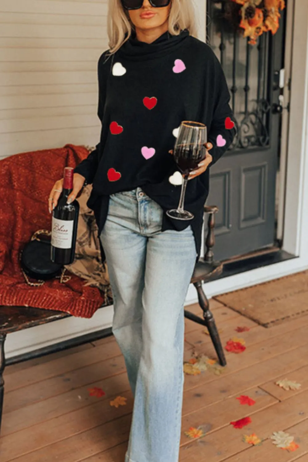 Valentineās Day Heart Patched Turtleneck Long Sleeve Top - Image 3