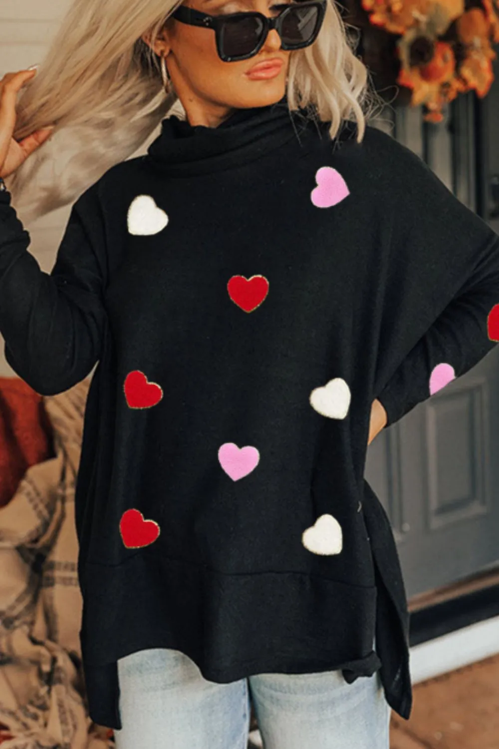 Valentineās Day Heart Patched Turtleneck Long Sleeve Top - Image 4