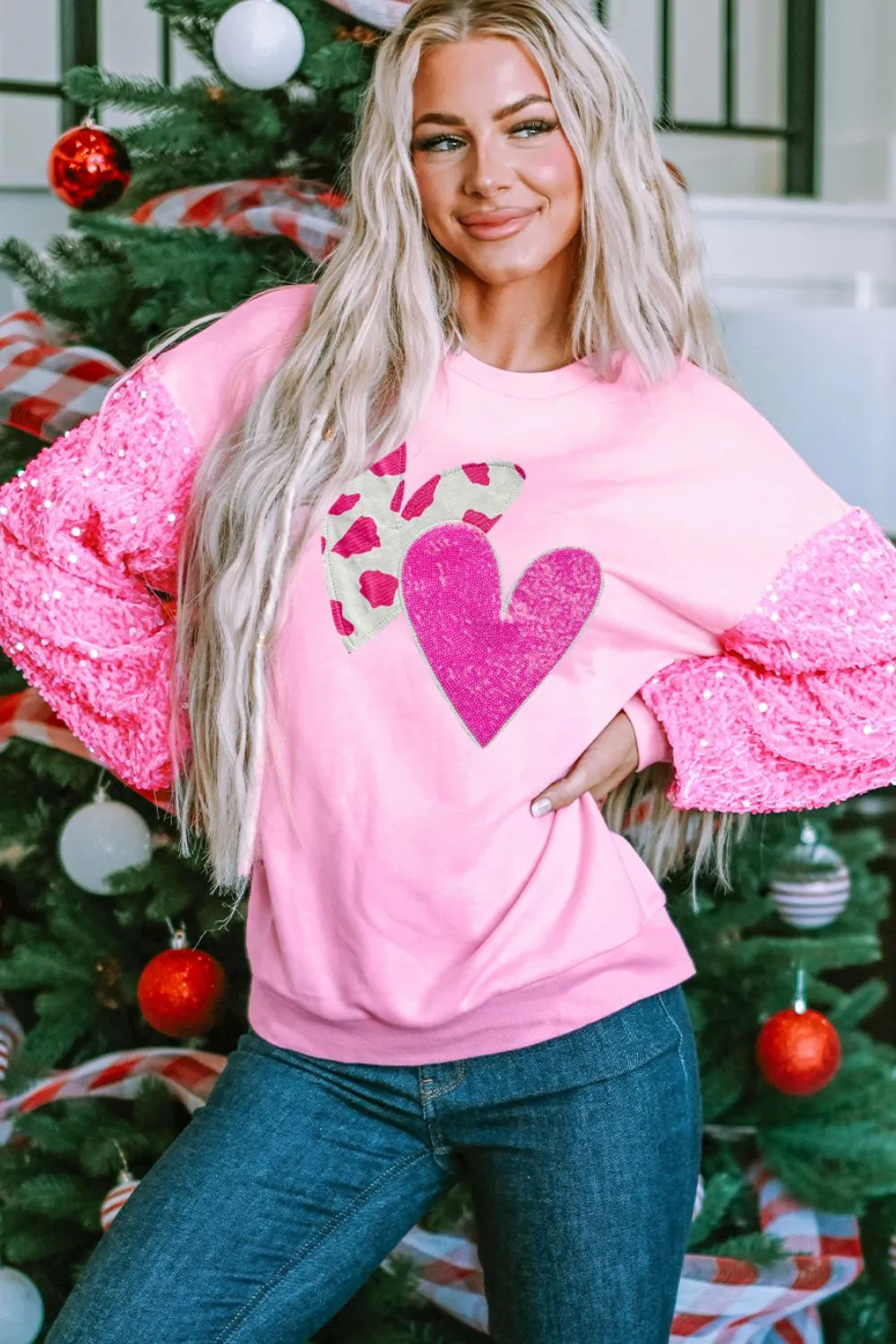 Valentineās Day Sequin Heart Long Sleeve Sweatshirt - Image 3