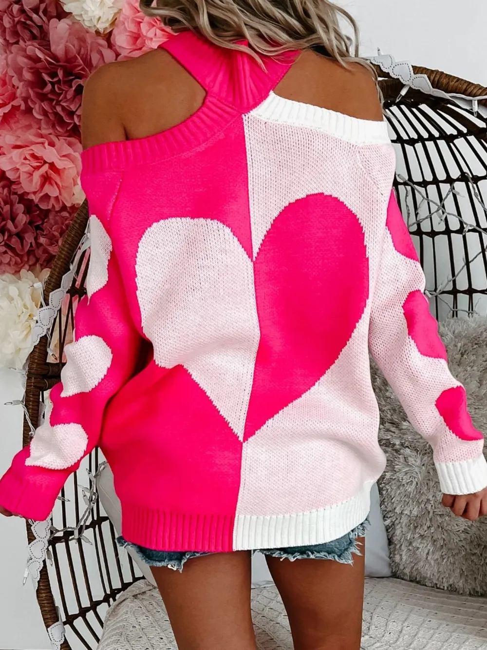 Valentine's Day Heart Turtleneck Cold Shoulder Sweater - Image 6