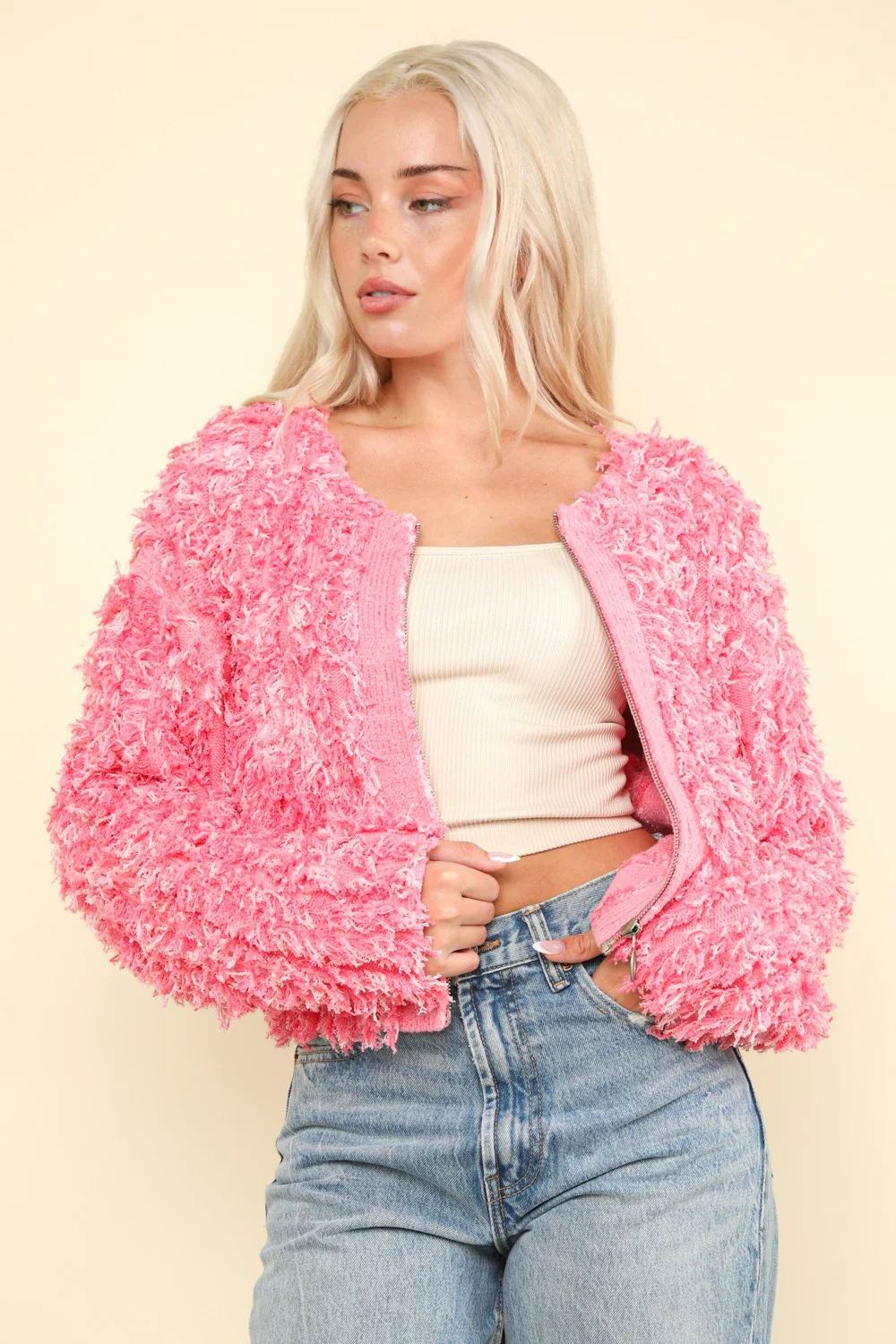 VERY J Shaggy Yarn Knit Zip Up Jacket - Image 5