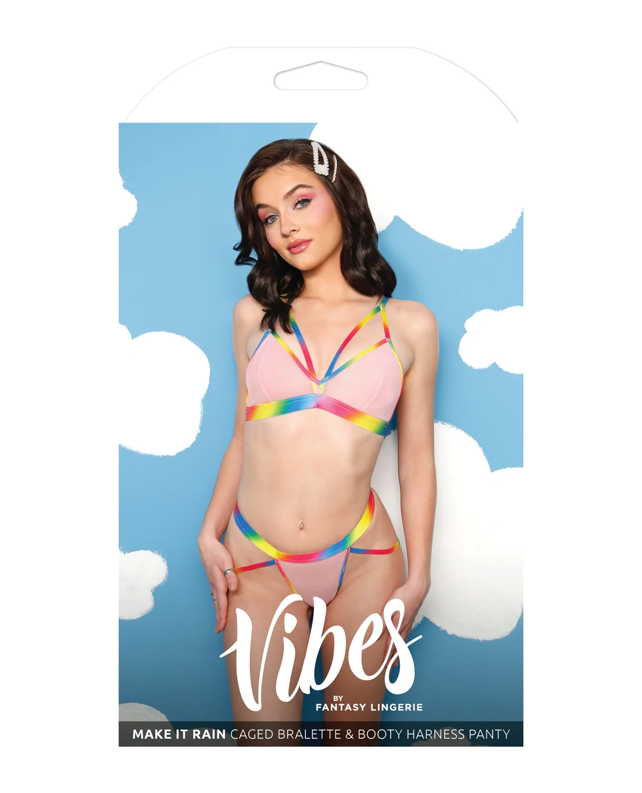 Vibes Make it Rain Caged Bralette & Panty w/Booty Rainbow L/XL - Image 3