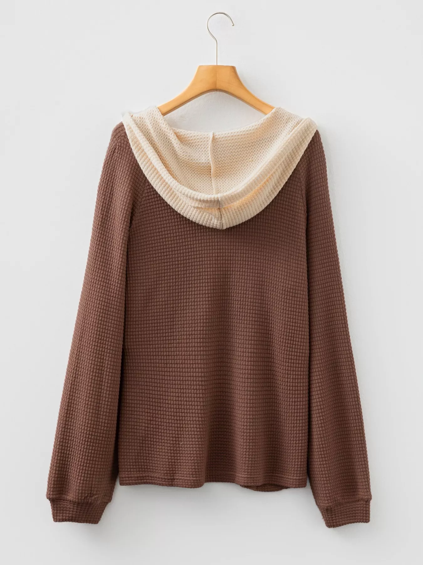 Waffle Contrast Half Buttoned Hooded Pullover Top - Image 5