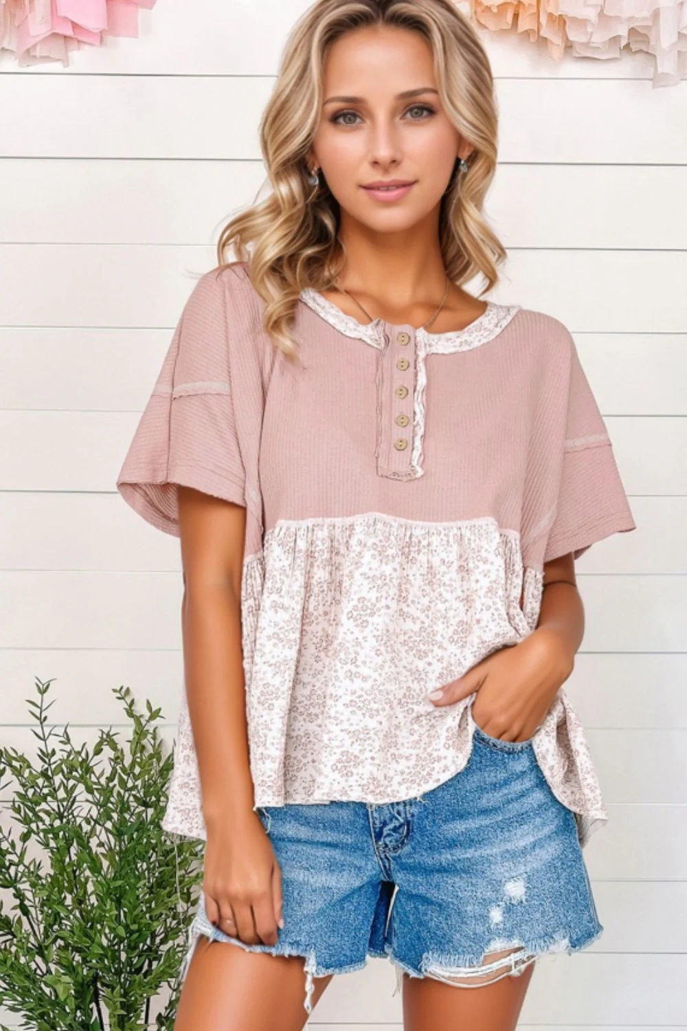 Waffle Floral Patchwork Exposed Seam Detail Short Sleeve Top - Image 2